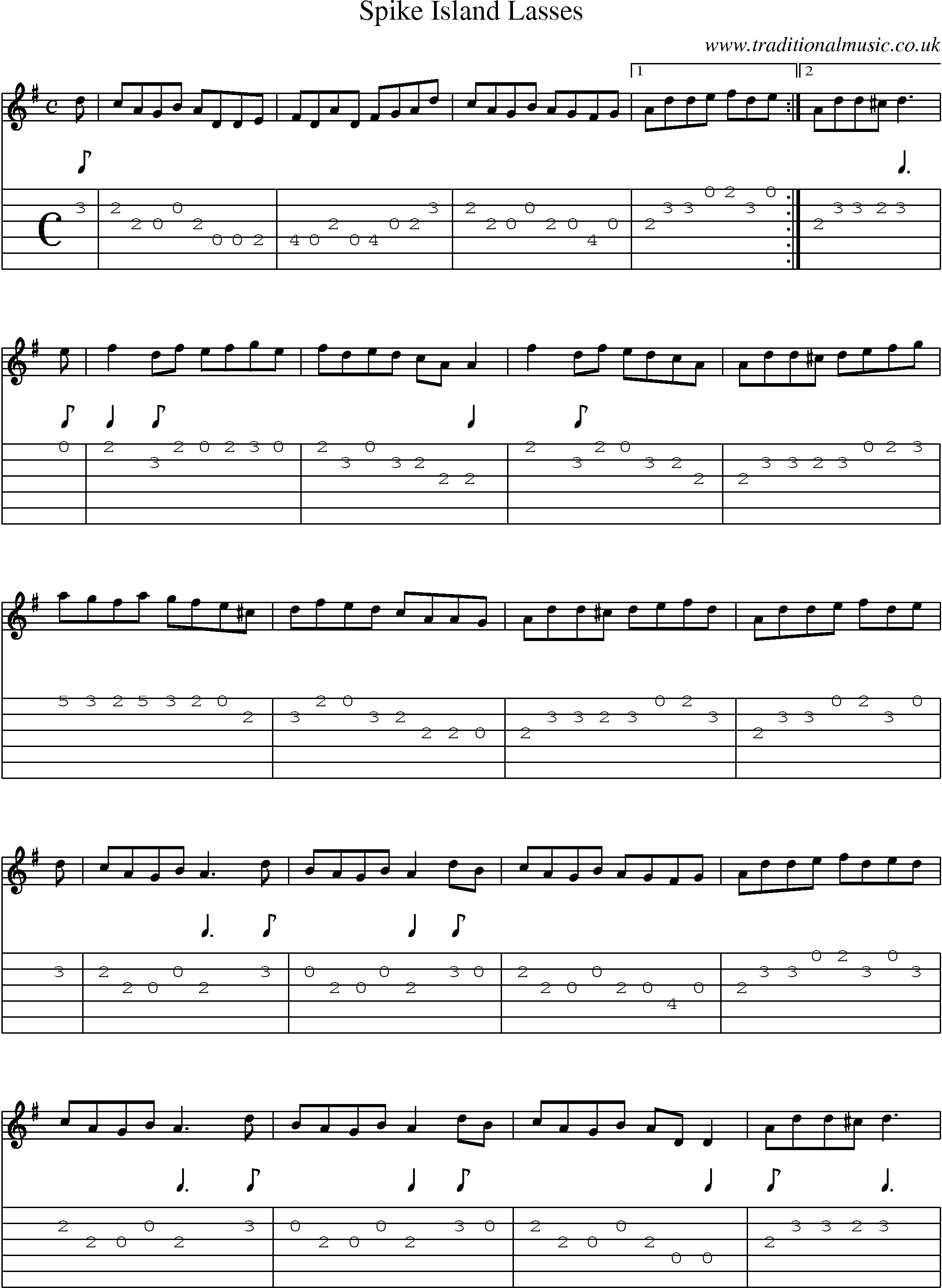 Music Score and Guitar Tabs for Spike Island Lasses