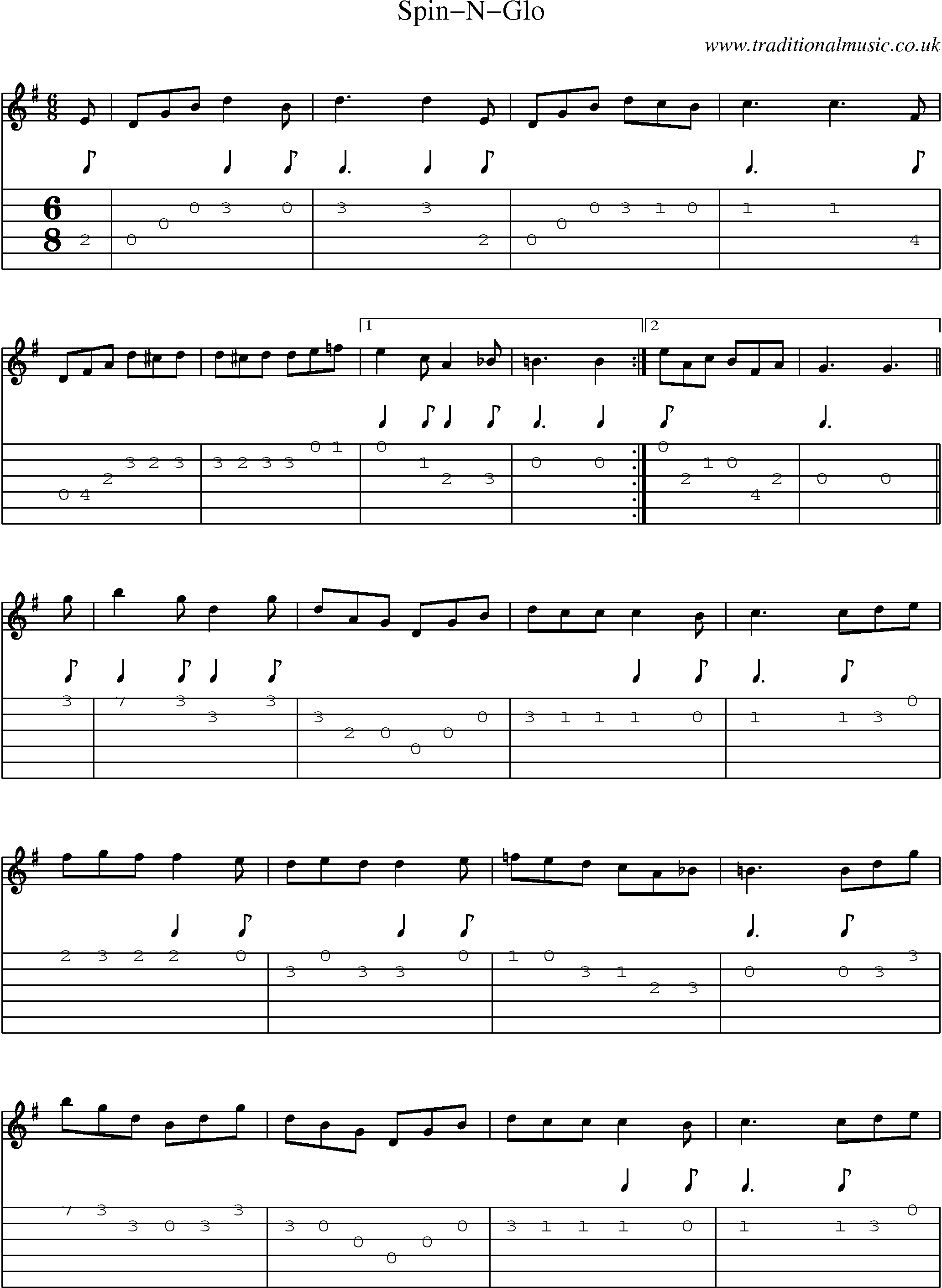 Music Score and Guitar Tabs for Spinnglo