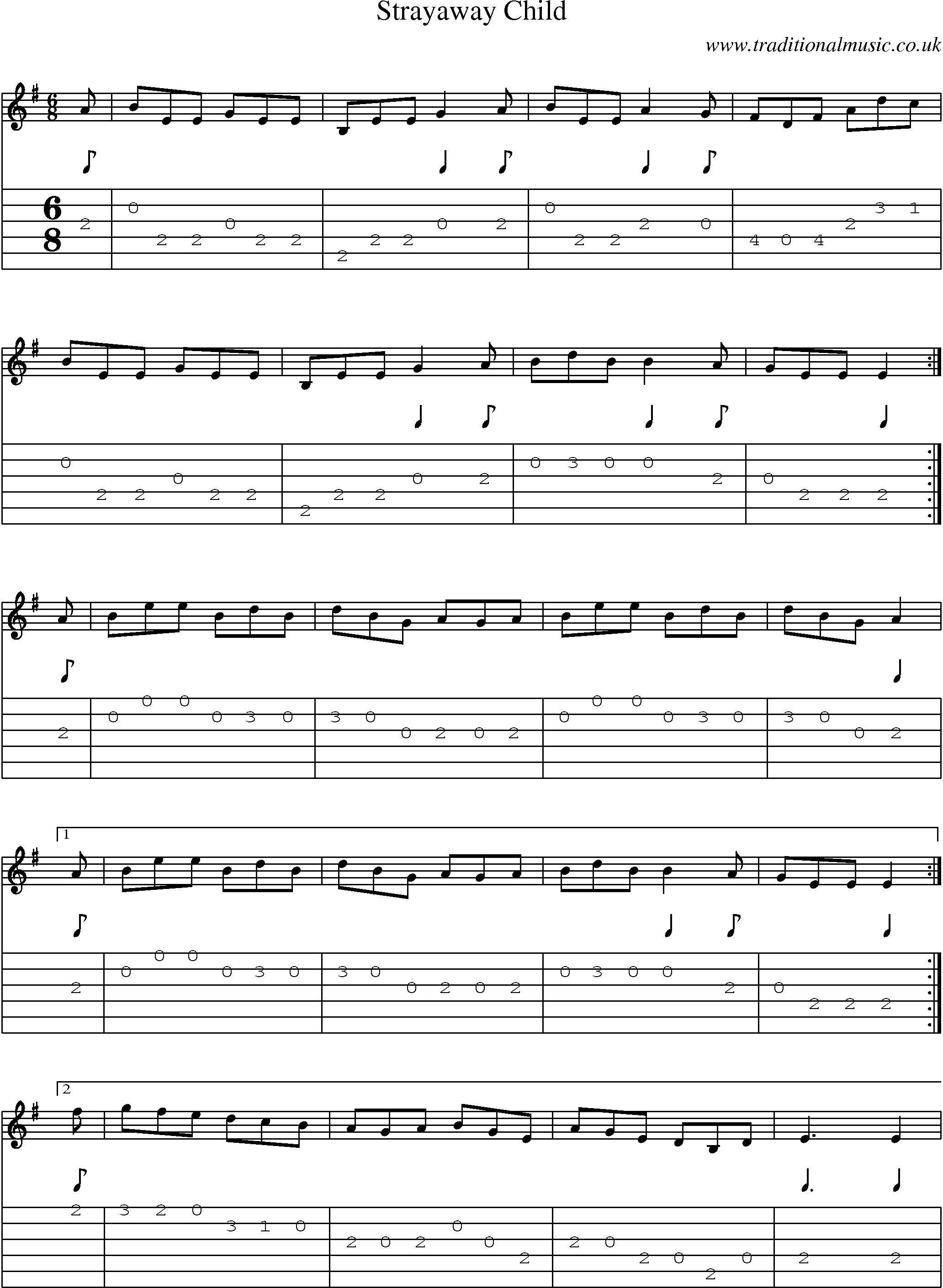 Music Score and Guitar Tabs for Strayaway Child