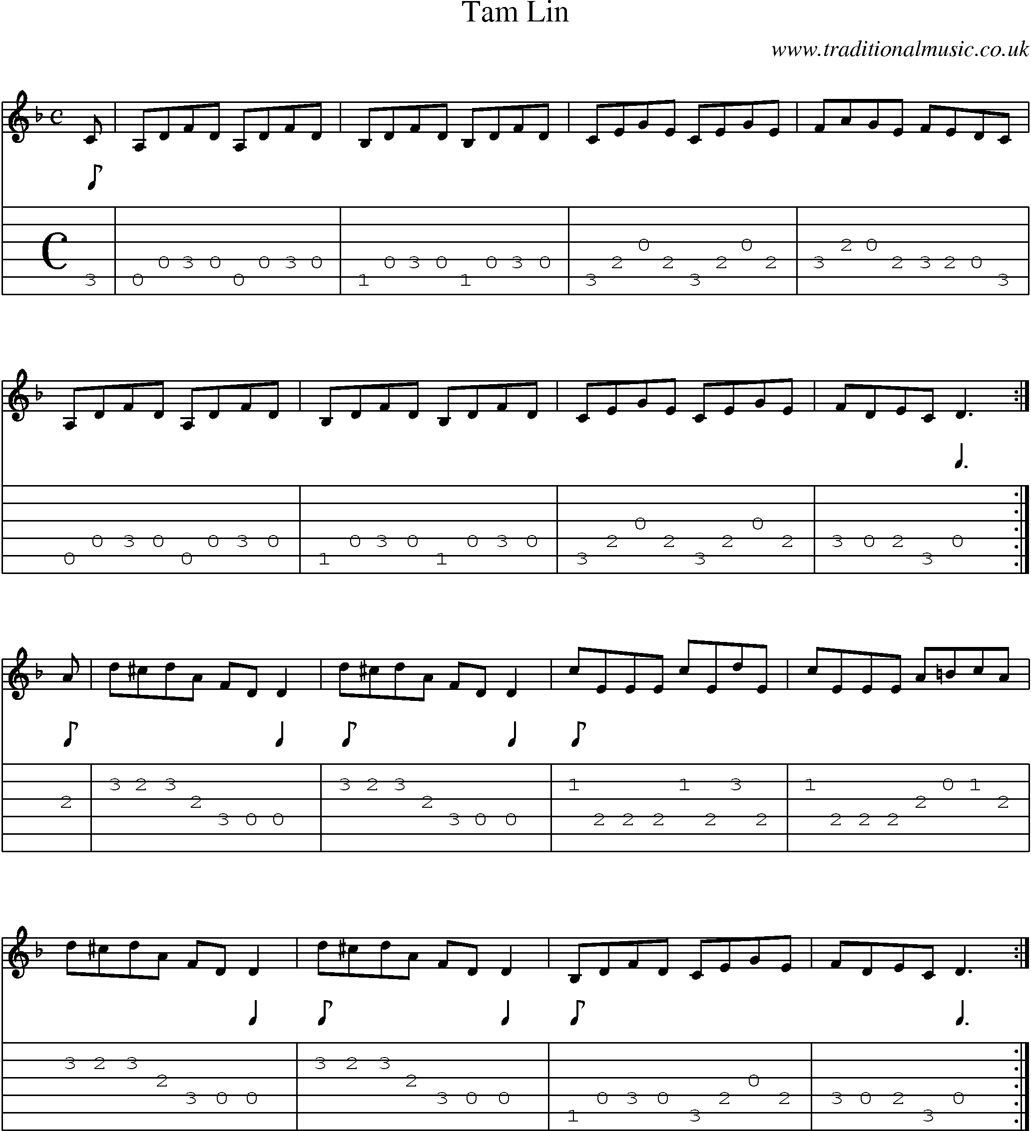 Music Score and Guitar Tabs for Tam Lin