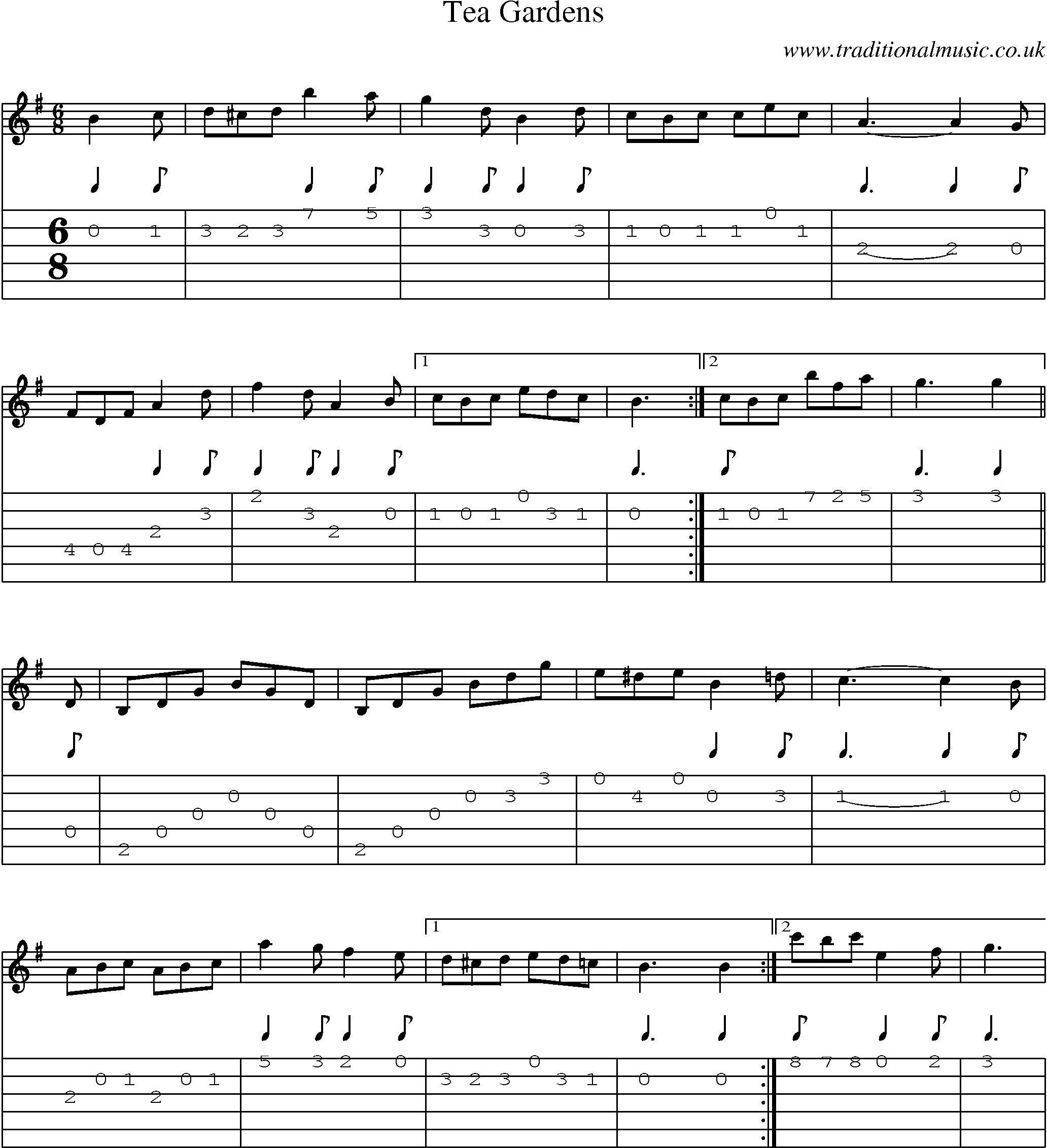 Music Score and Guitar Tabs for Tea Gardens