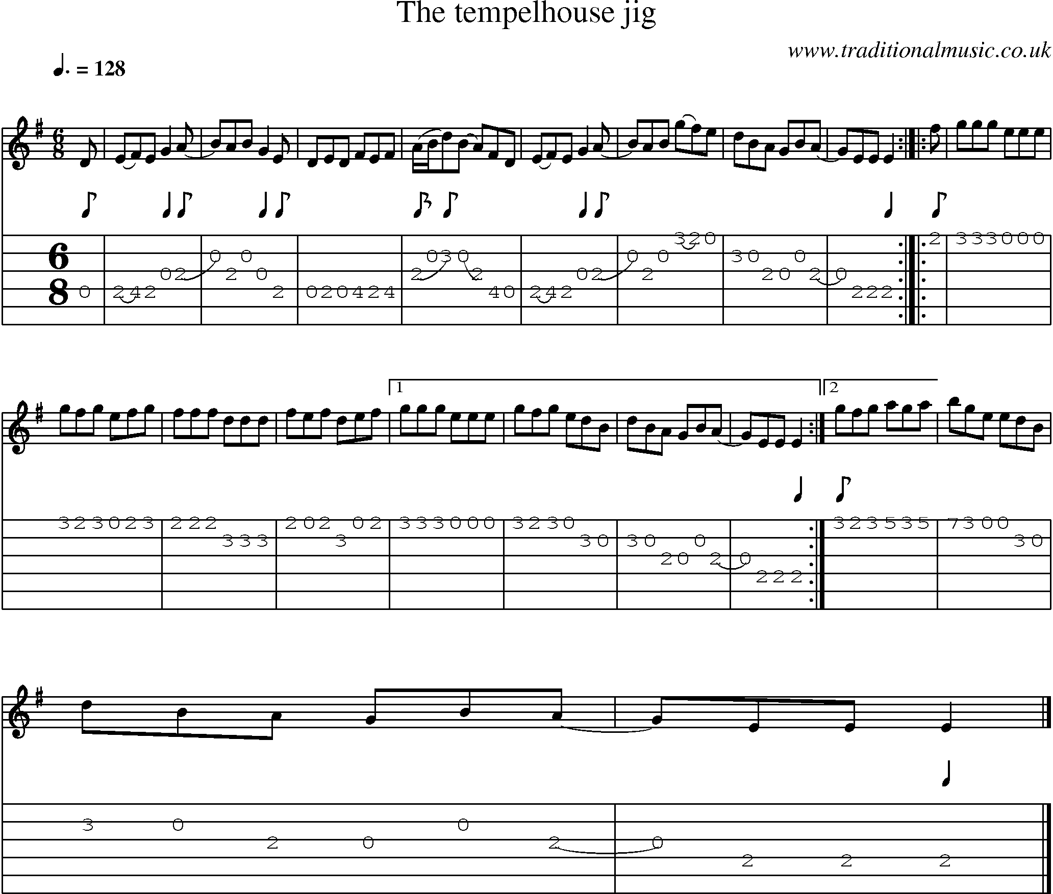Music Score and Guitar Tabs for Tempelhouse Jig