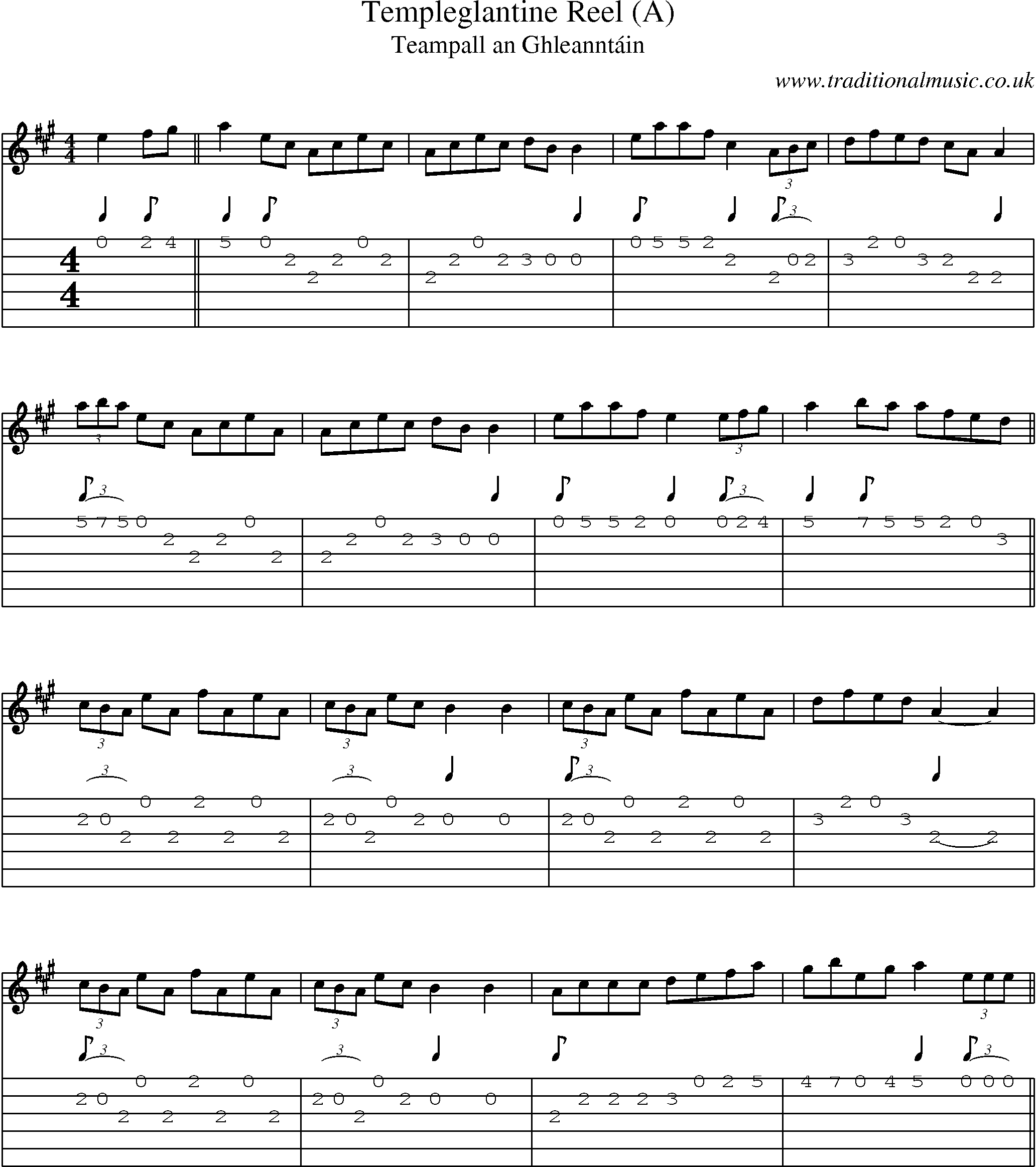 Music Score and Guitar Tabs for Templeglantine Reel (a)