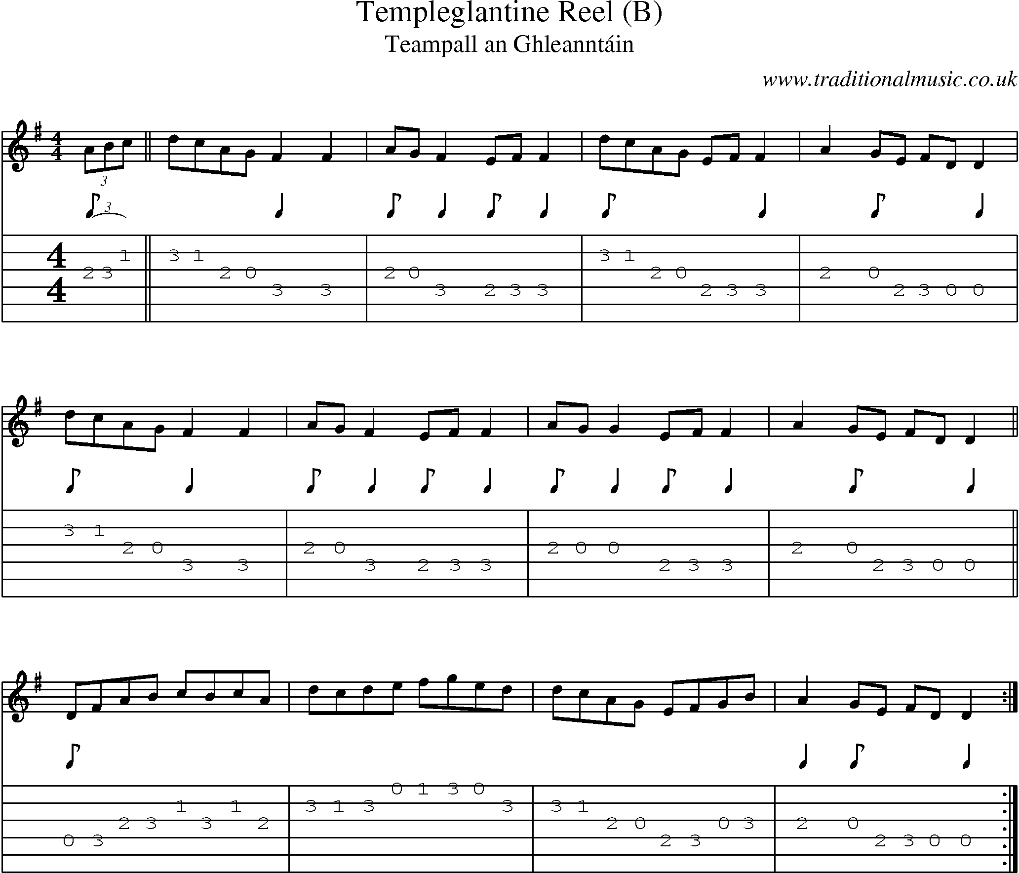 Music Score and Guitar Tabs for Templeglantine Reel (b)