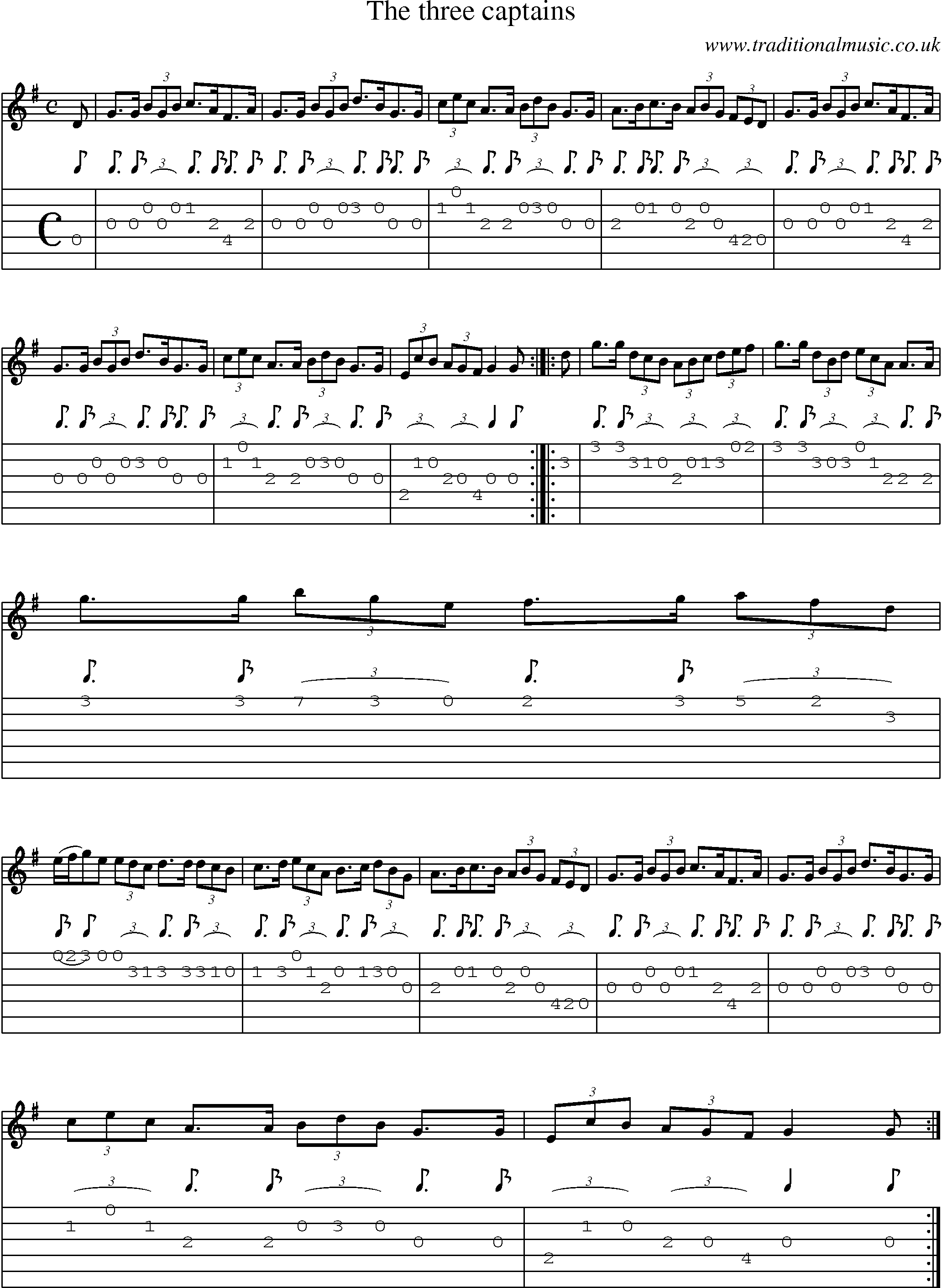 Music Score and Guitar Tabs for Three Captains