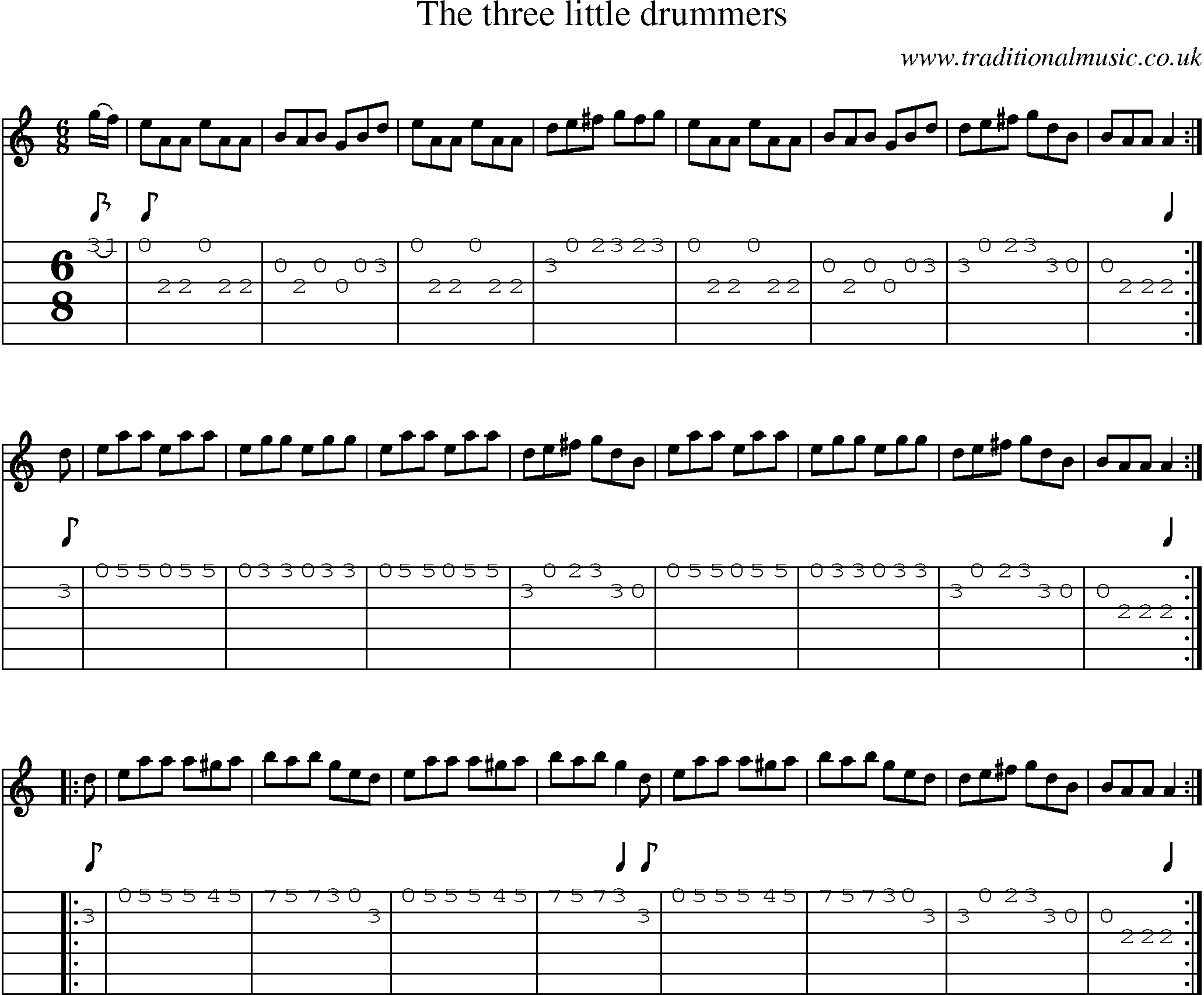 Music Score and Guitar Tabs for Three Little Drummers