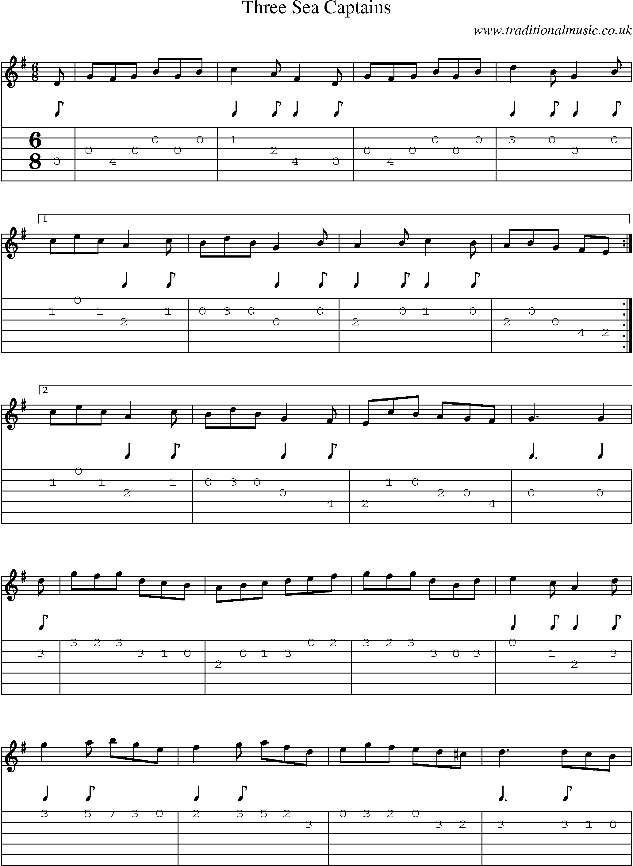 Music Score and Guitar Tabs for Three Sea Captains