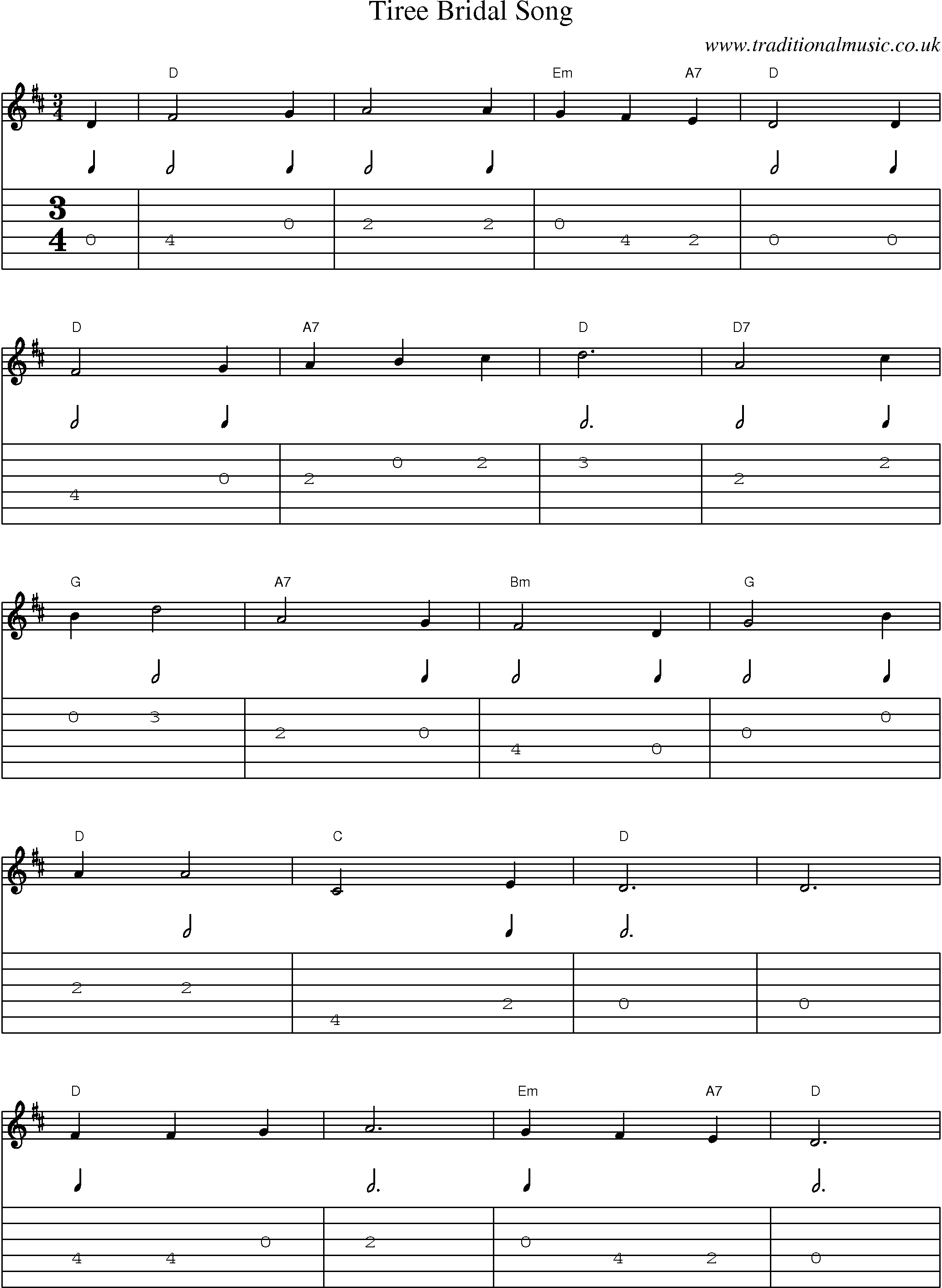 Music Score and Guitar Tabs for Tiree Bridal Song