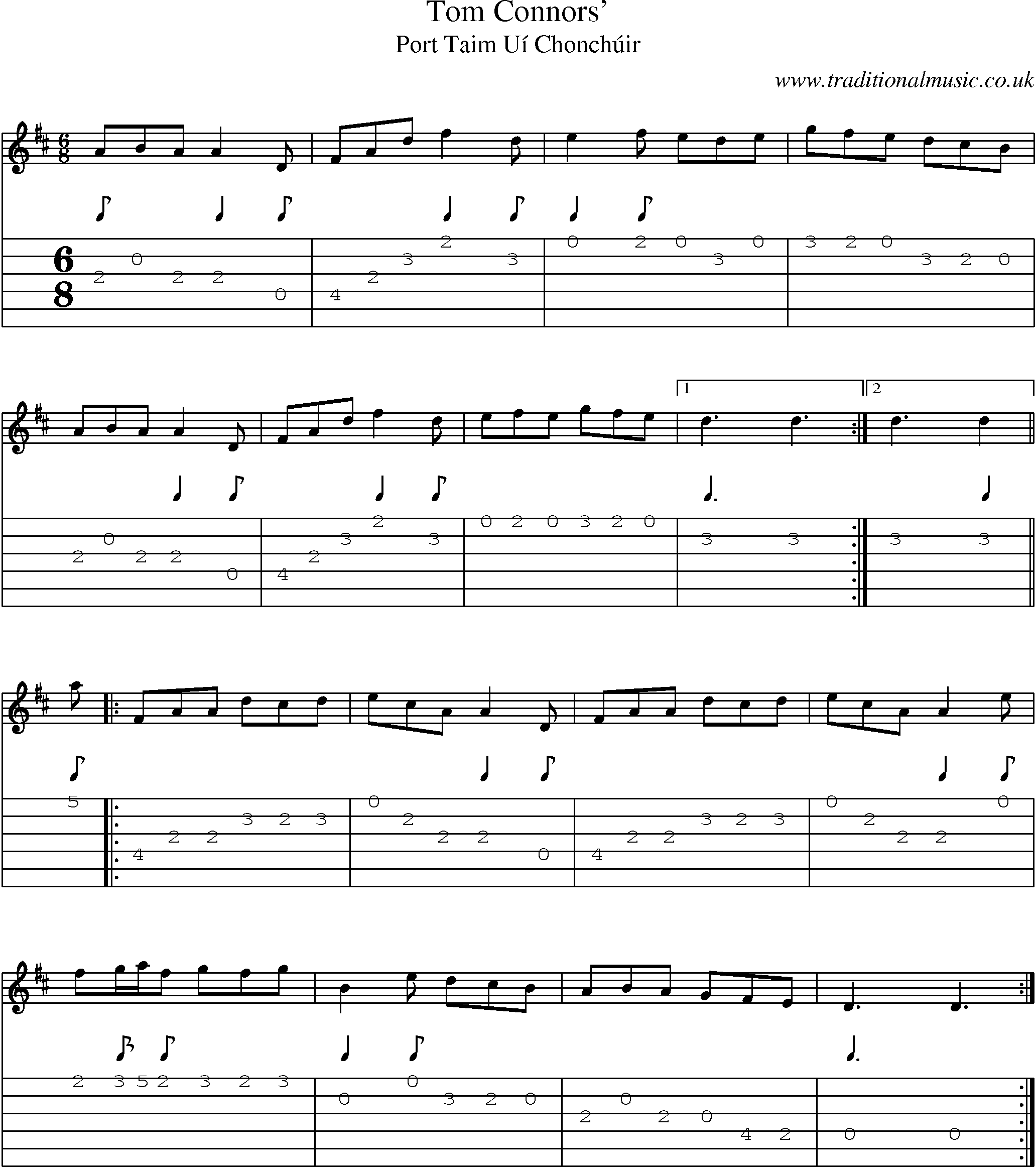 Music Score and Guitar Tabs for Tom Connors