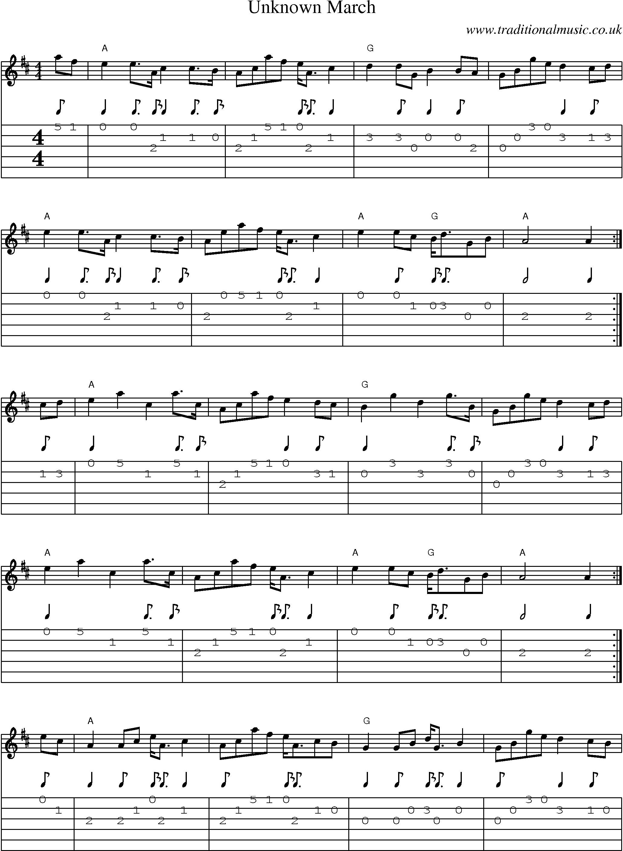 Music Score and Guitar Tabs for Unknown March