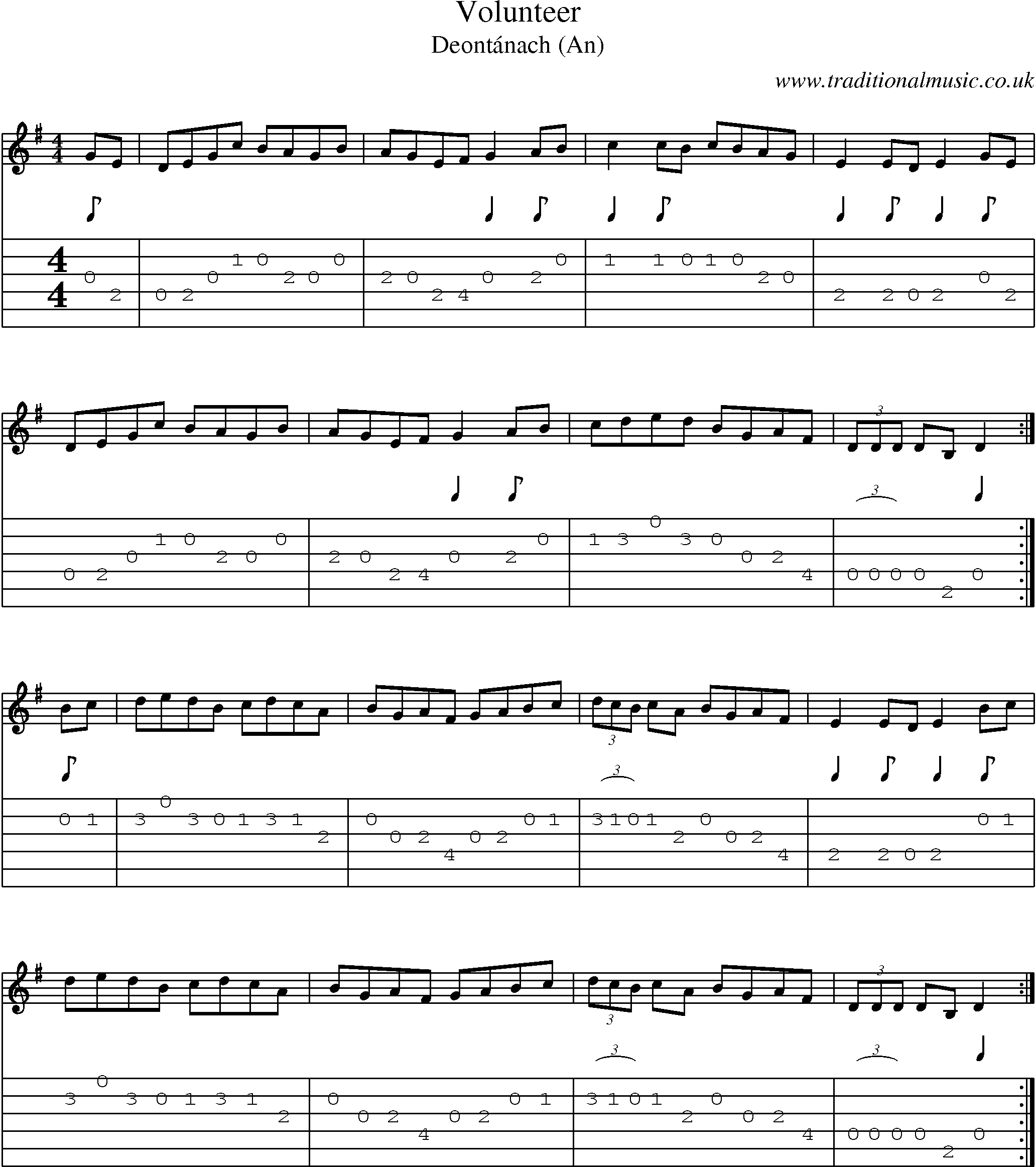 Music Score and Guitar Tabs for Volunteer
