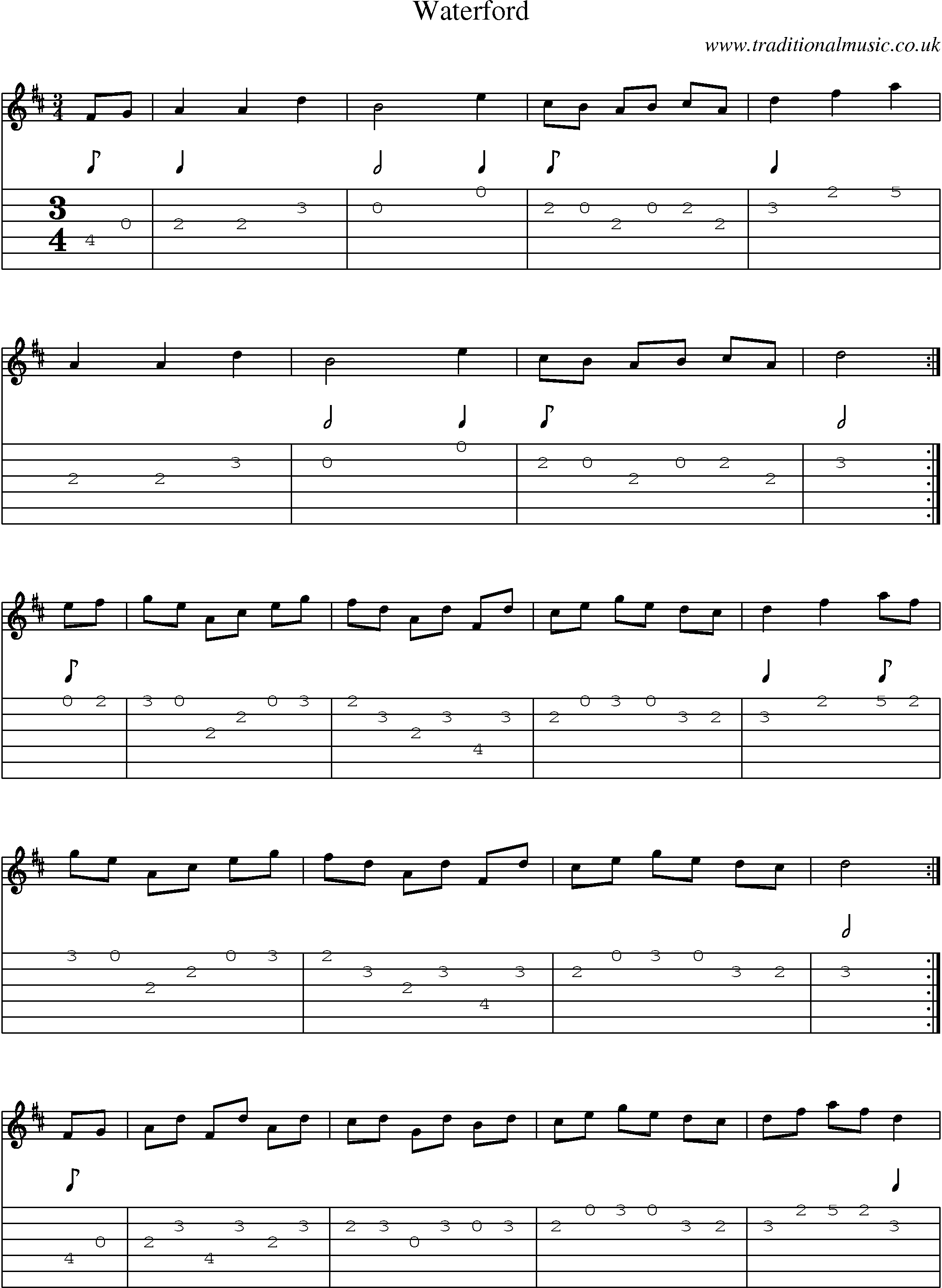 Music Score and Guitar Tabs for Waterford