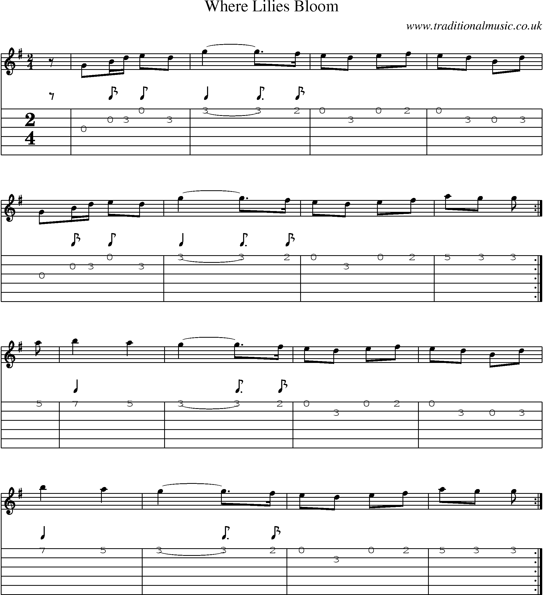 Music Score and Guitar Tabs for Where Lilies Bloom