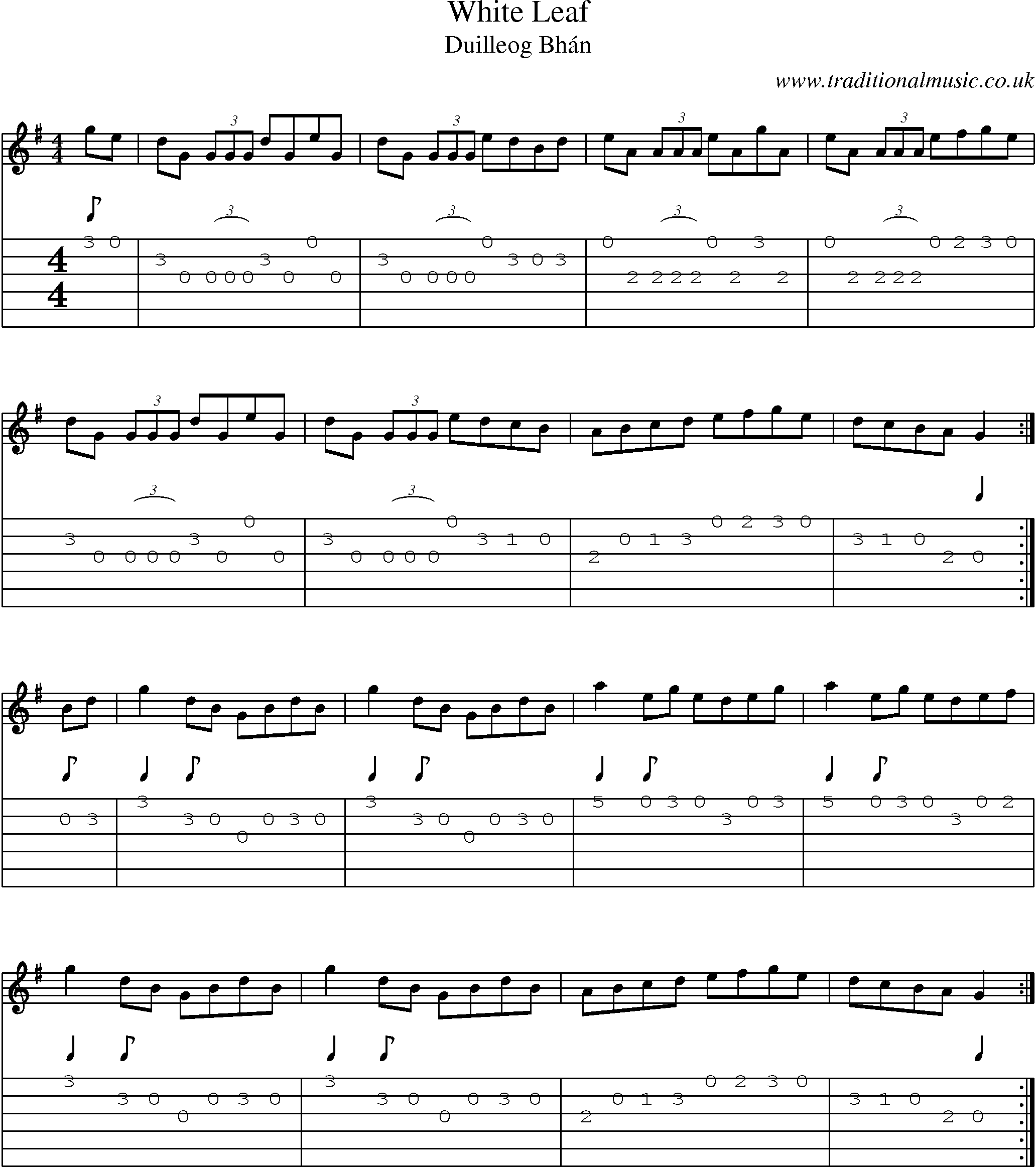 Music Score and Guitar Tabs for White Leaf