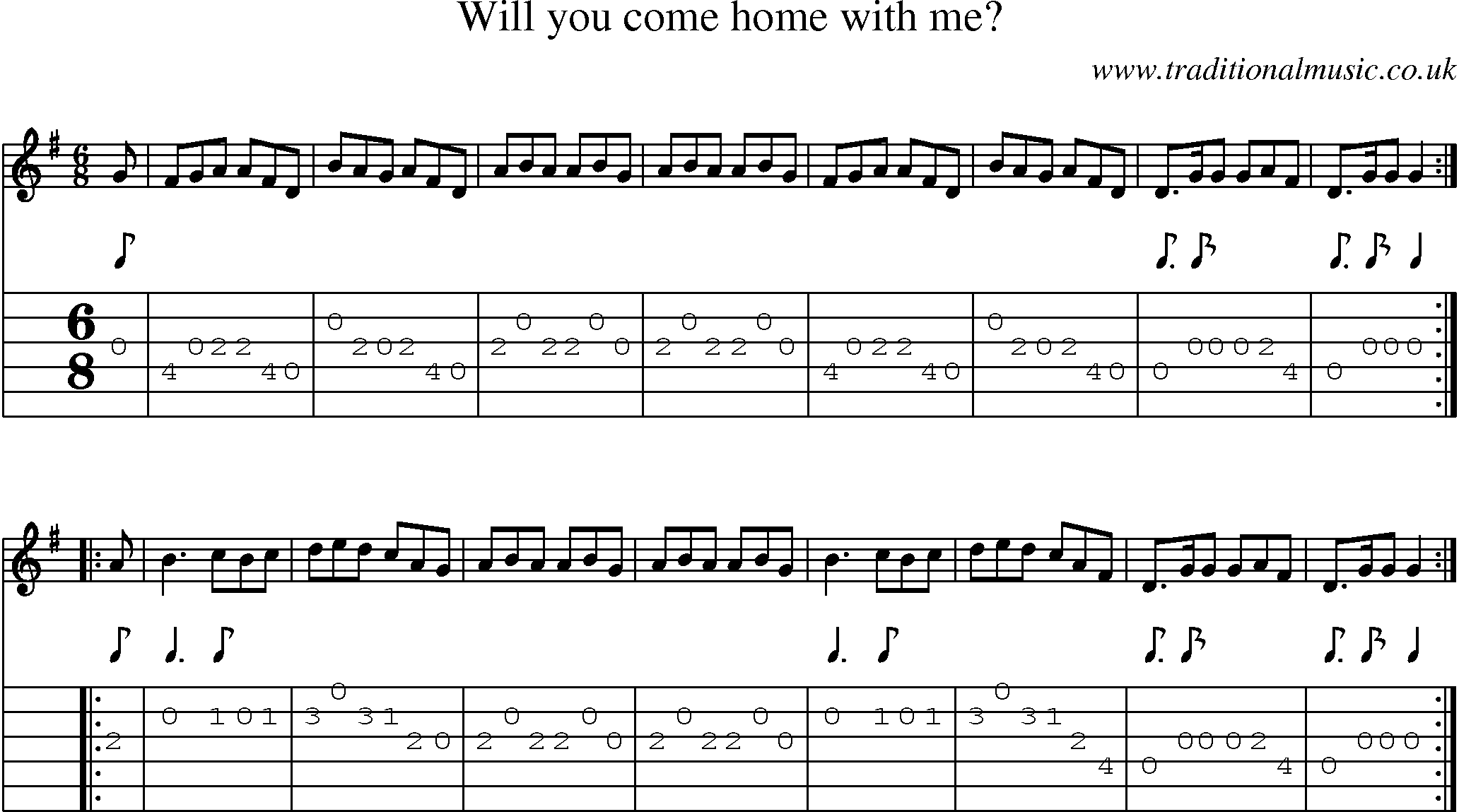 Music Score and Guitar Tabs for Will You Come Home With Me