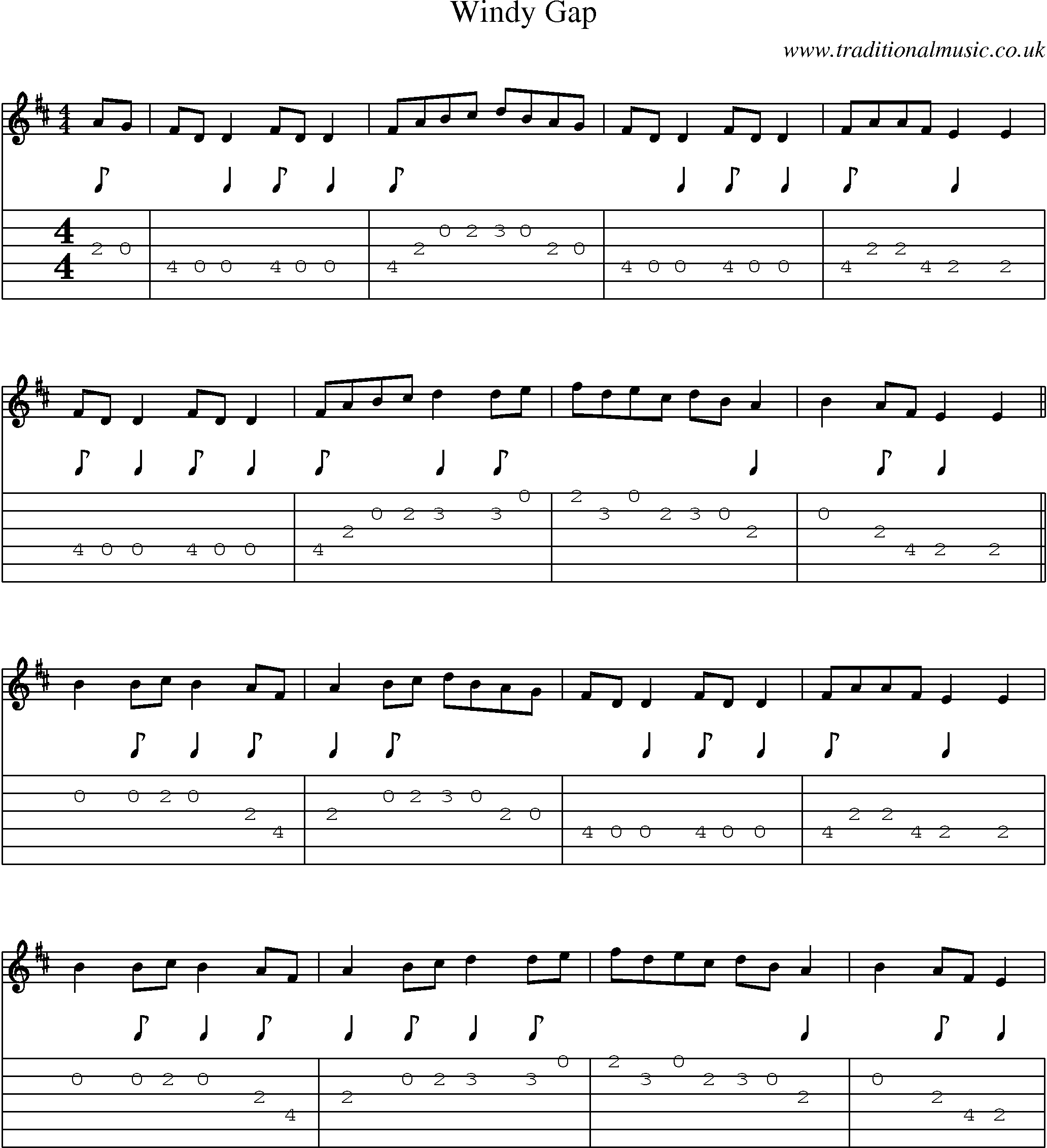 Music Score and Guitar Tabs for Windy Gap