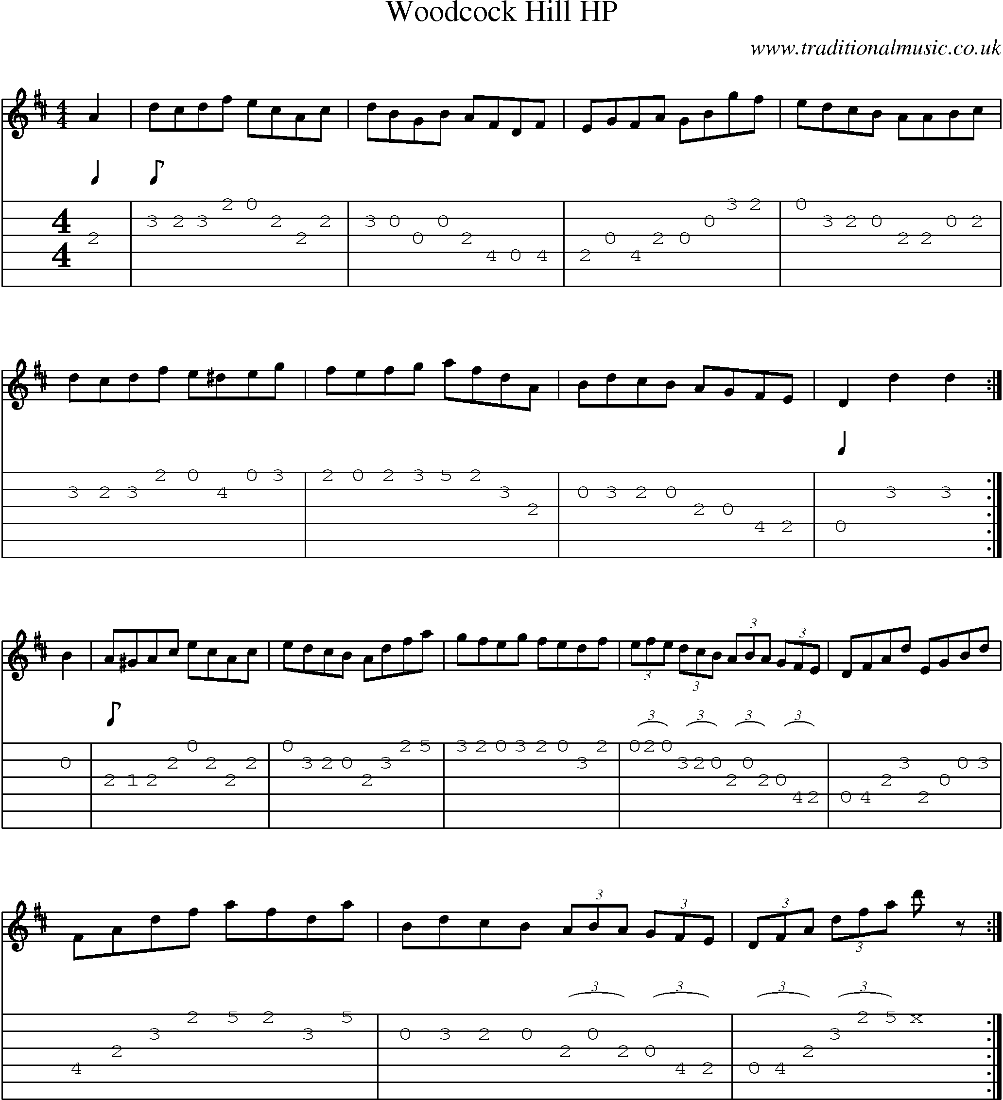 Music Score and Guitar Tabs for Woodcock Hill