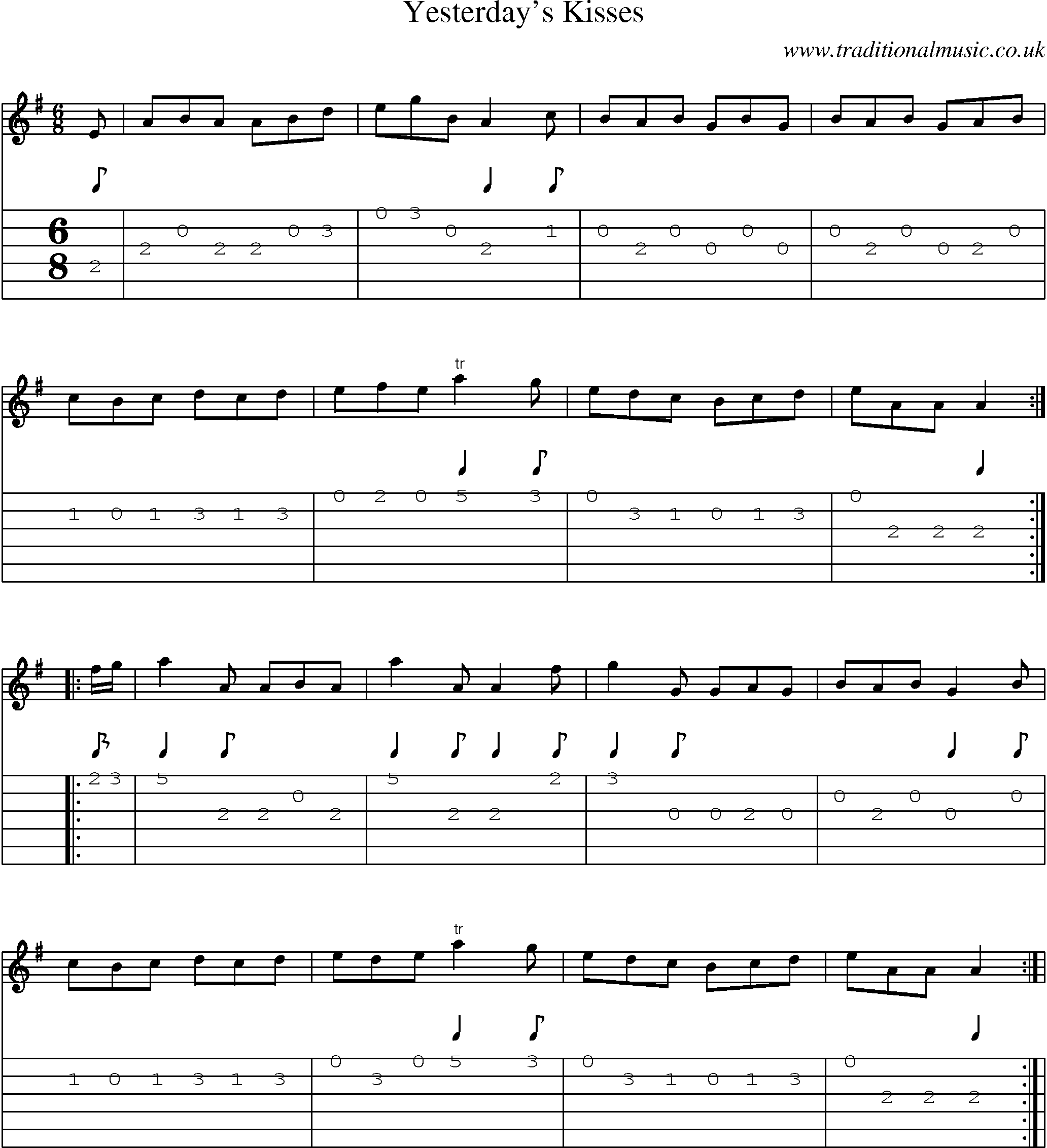 Music Score and Guitar Tabs for Yesterdays Kisses