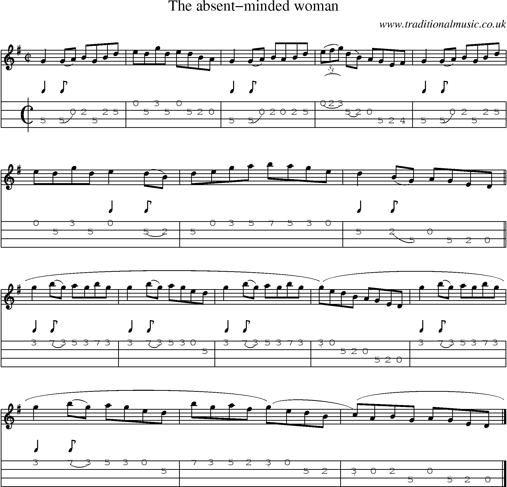 Music Score and Mandolin Tabs for Absent Minded Woman