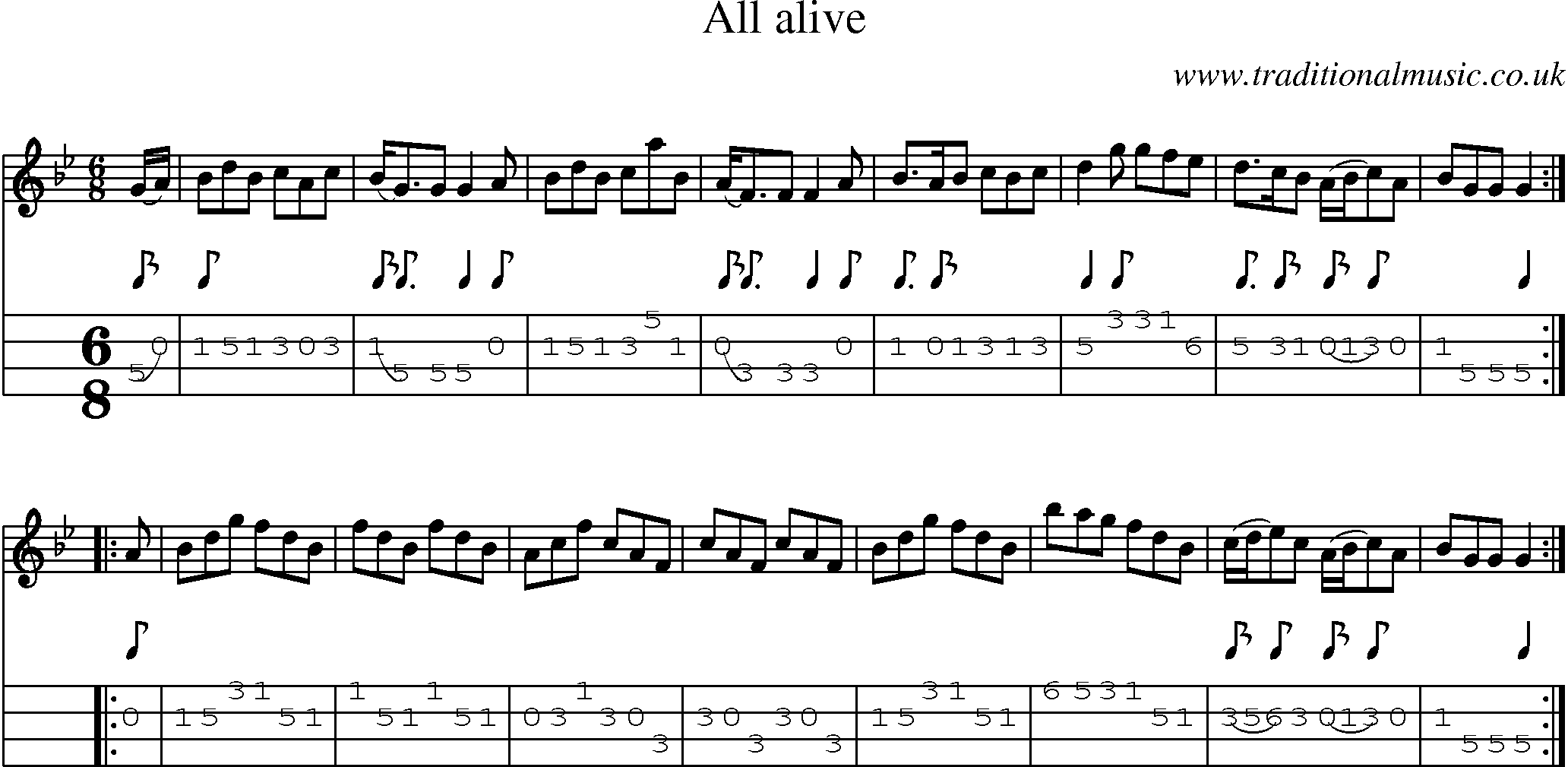 Music Score and Mandolin Tabs for All Alive