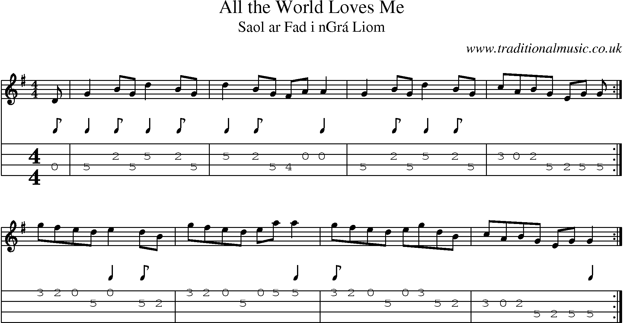Music Score and Mandolin Tabs for All World Loves Me