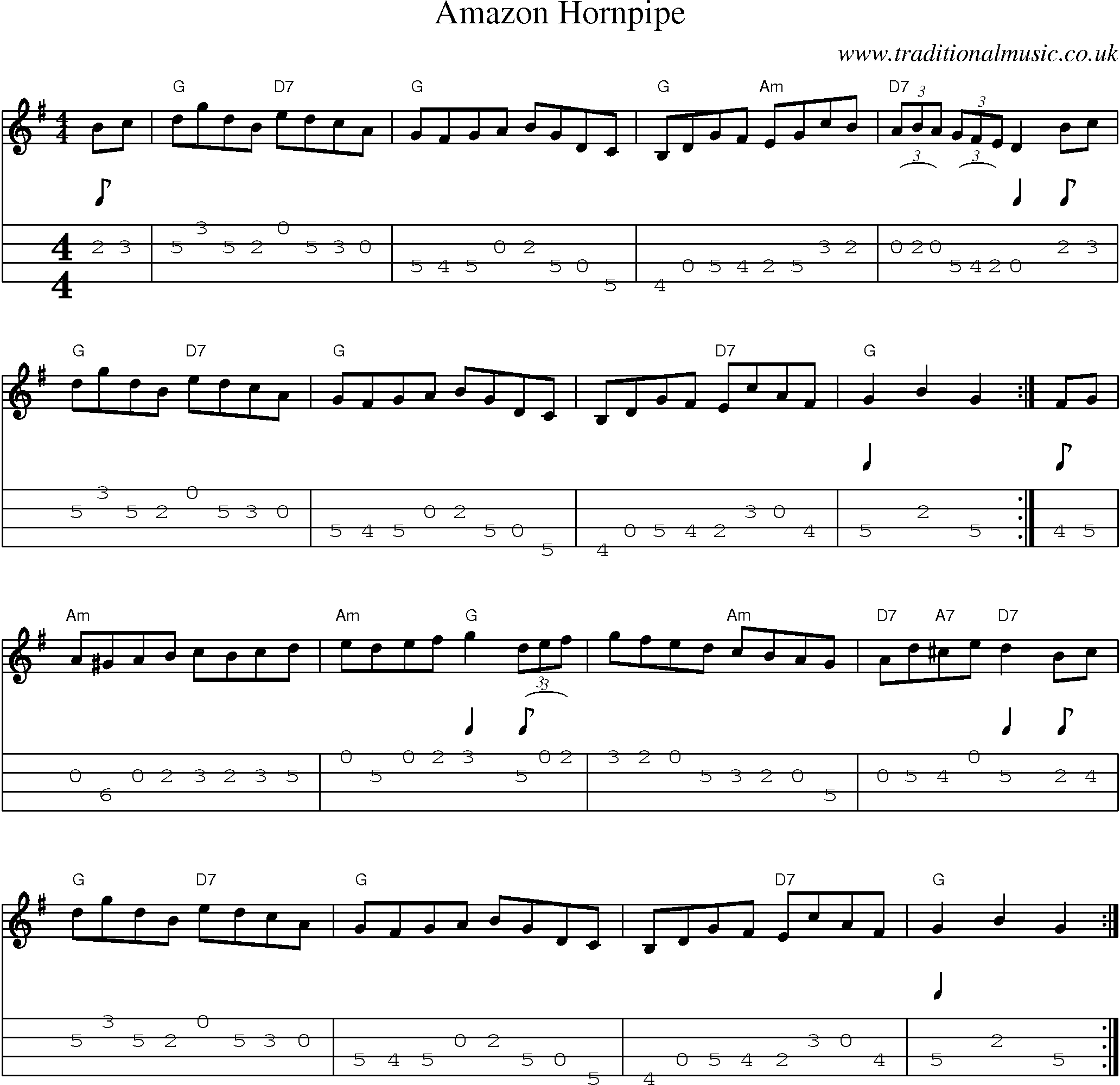 Music Score and Mandolin Tabs for Amazon Hornpipe
