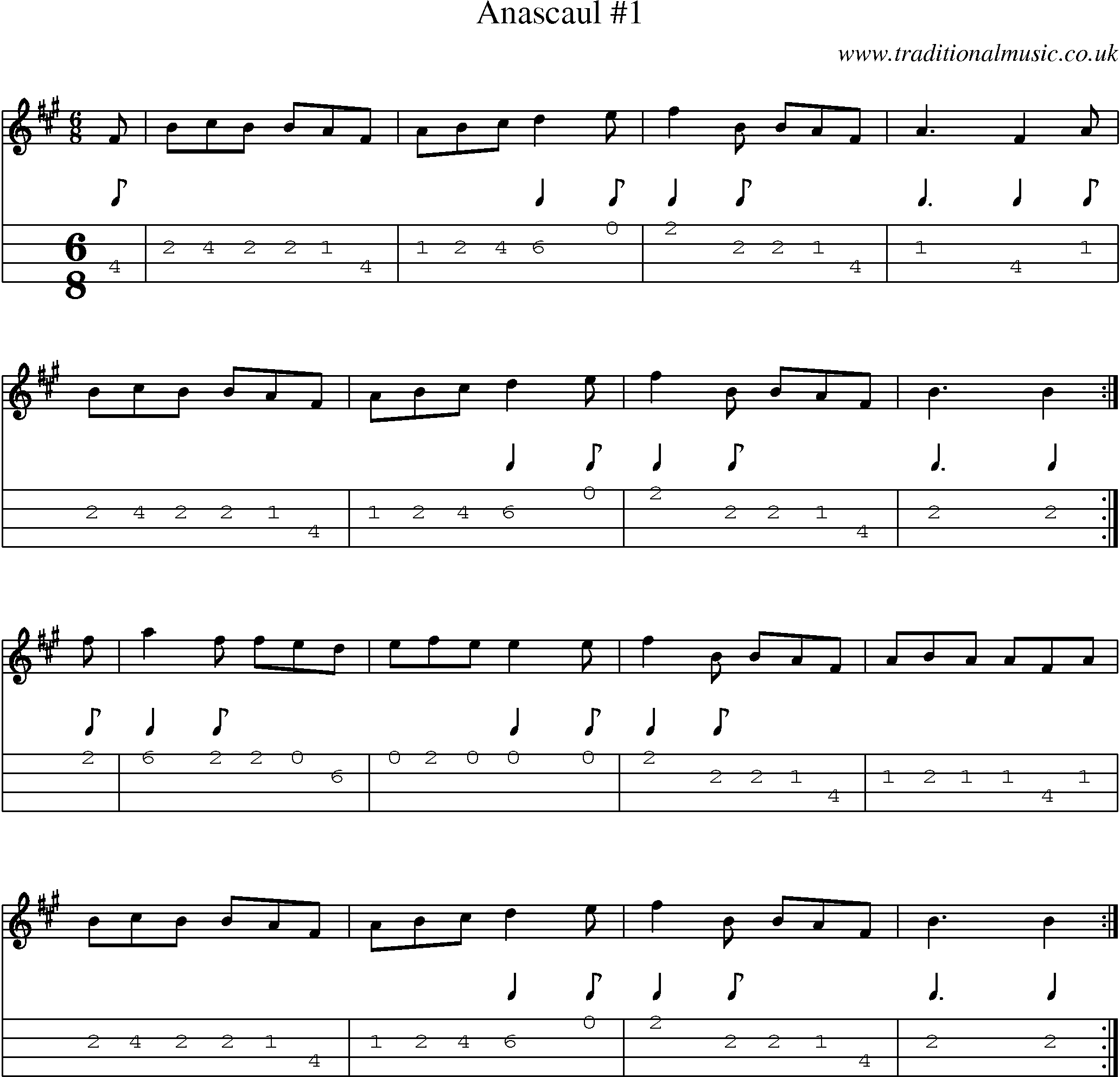 Music Score and Mandolin Tabs for Anascaul 1