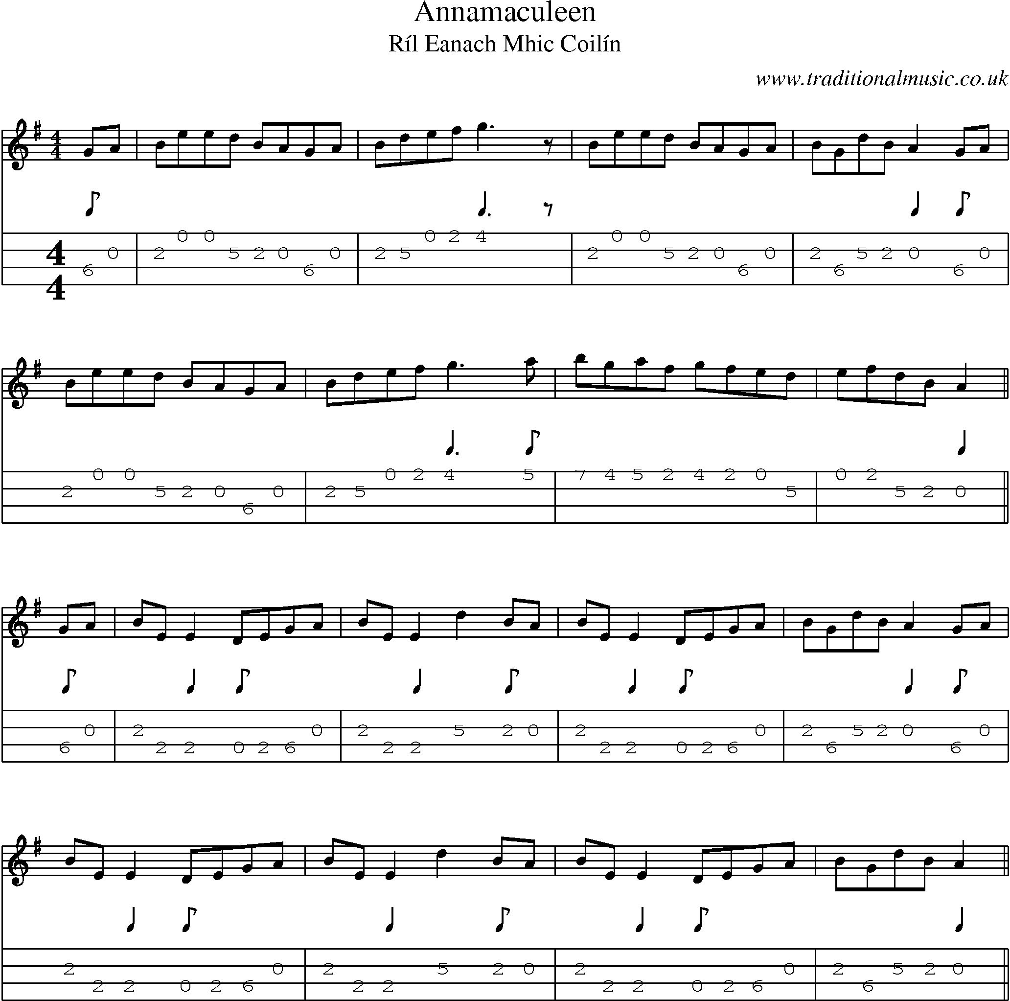 Music Score and Mandolin Tabs for Annamaculeen