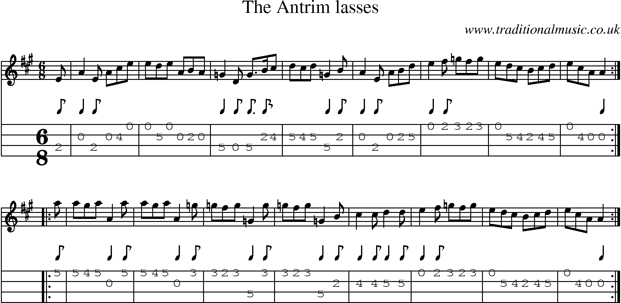 Music Score and Mandolin Tabs for Antrim Lasses