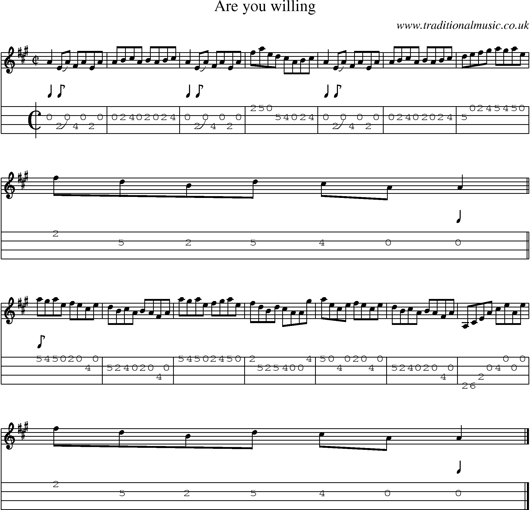 Music Score and Mandolin Tabs for Are You Willing