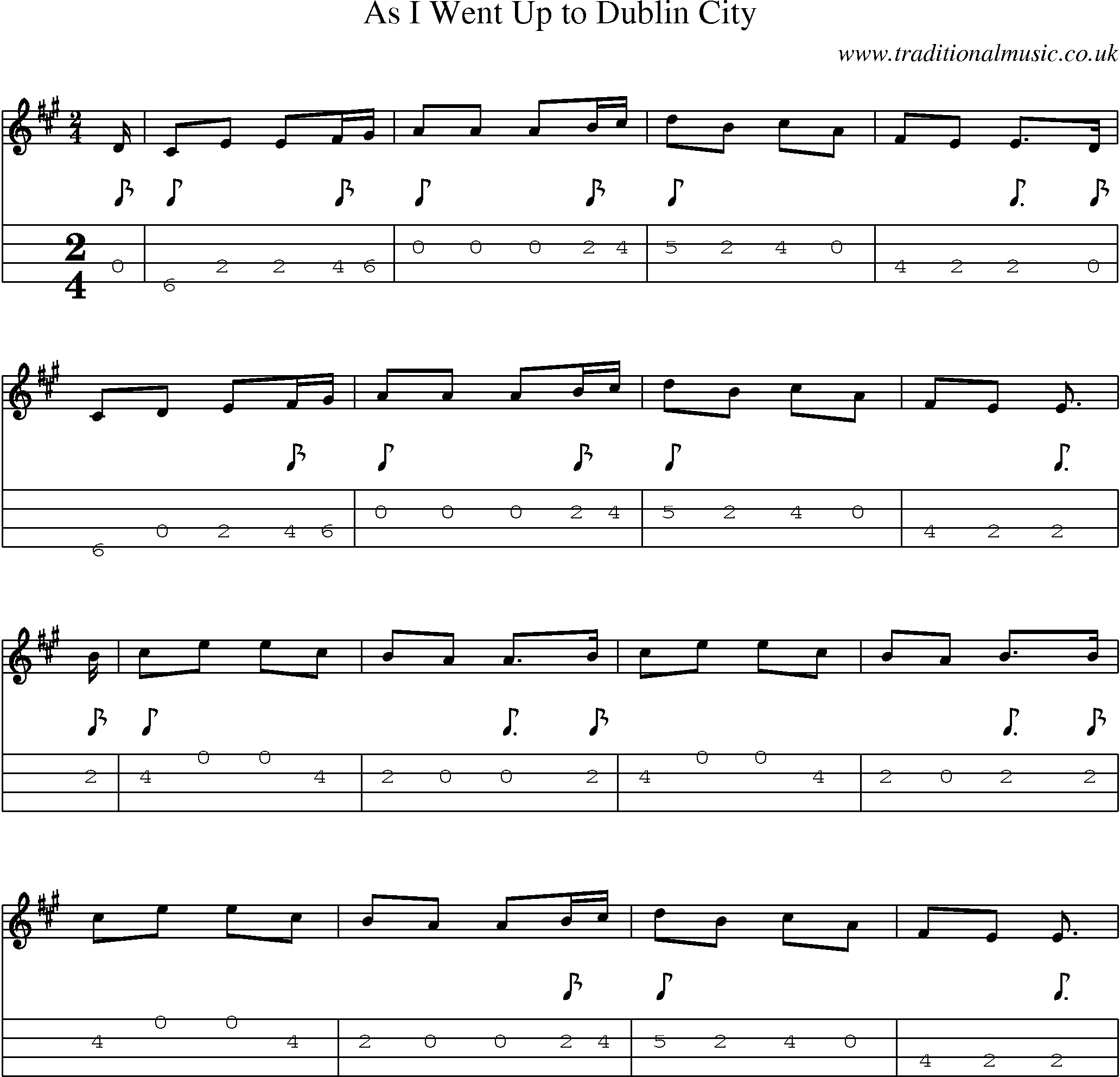 Music Score and Mandolin Tabs for As I Went Up To Dublin City