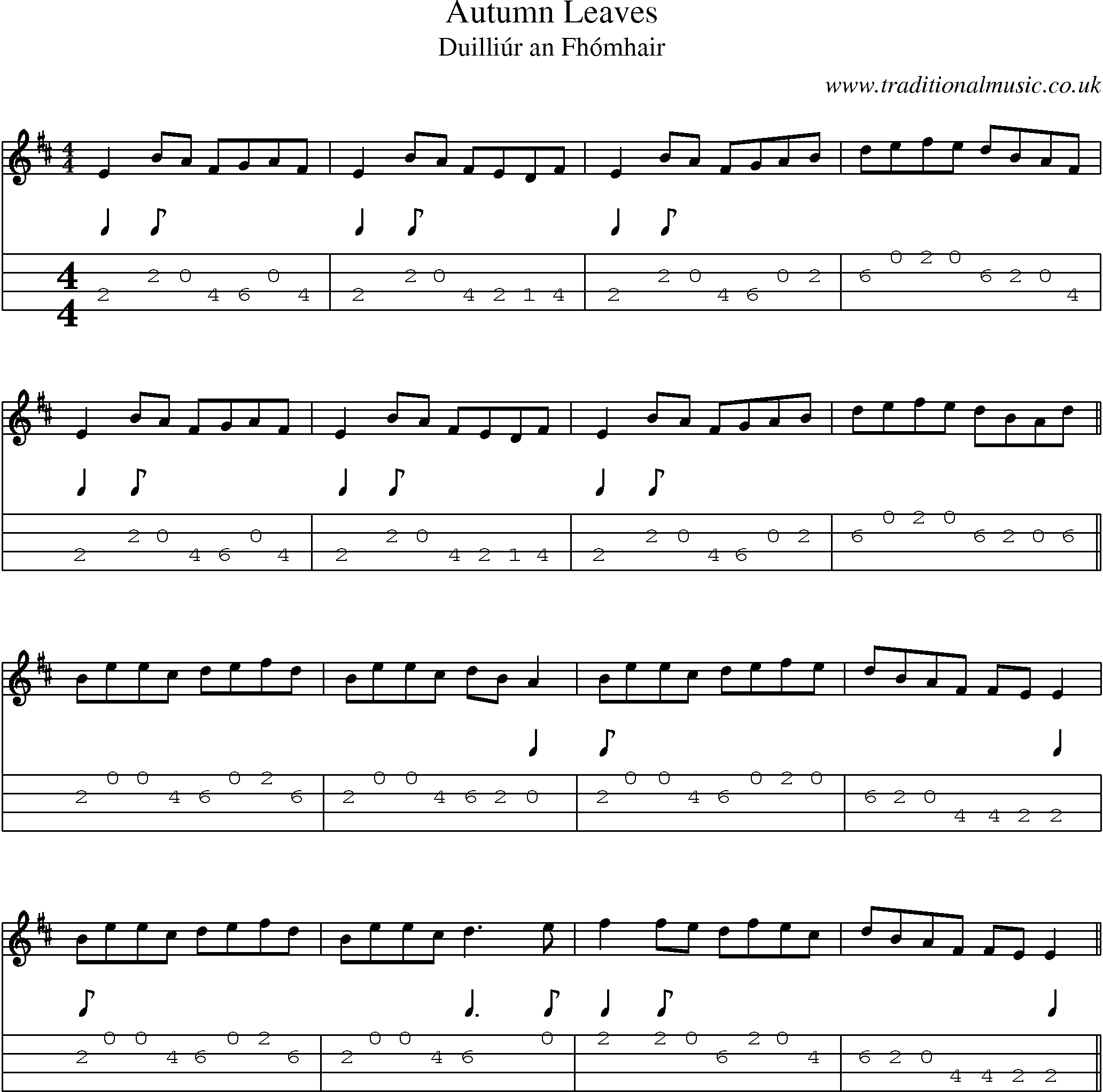Music Score and Mandolin Tabs for Autumn Leaves