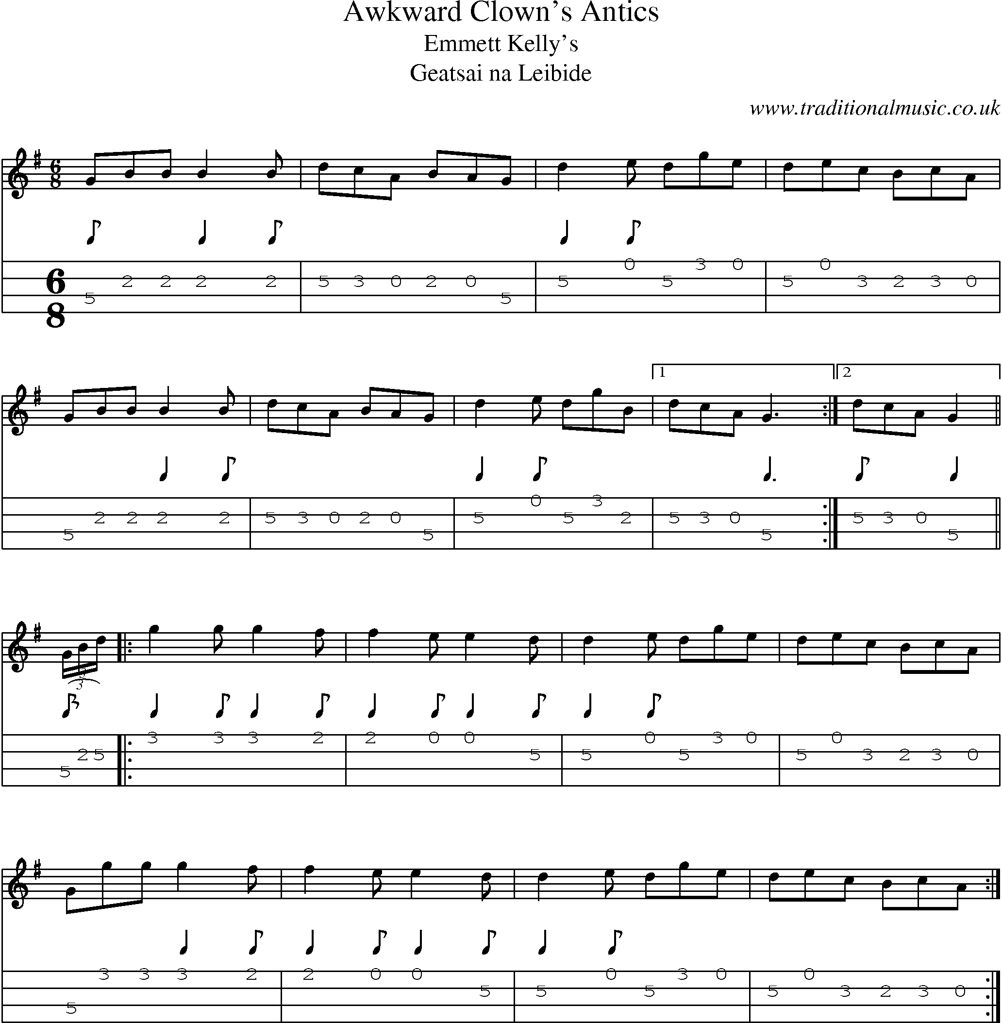 Music Score and Mandolin Tabs for Awkward Clowns Antics