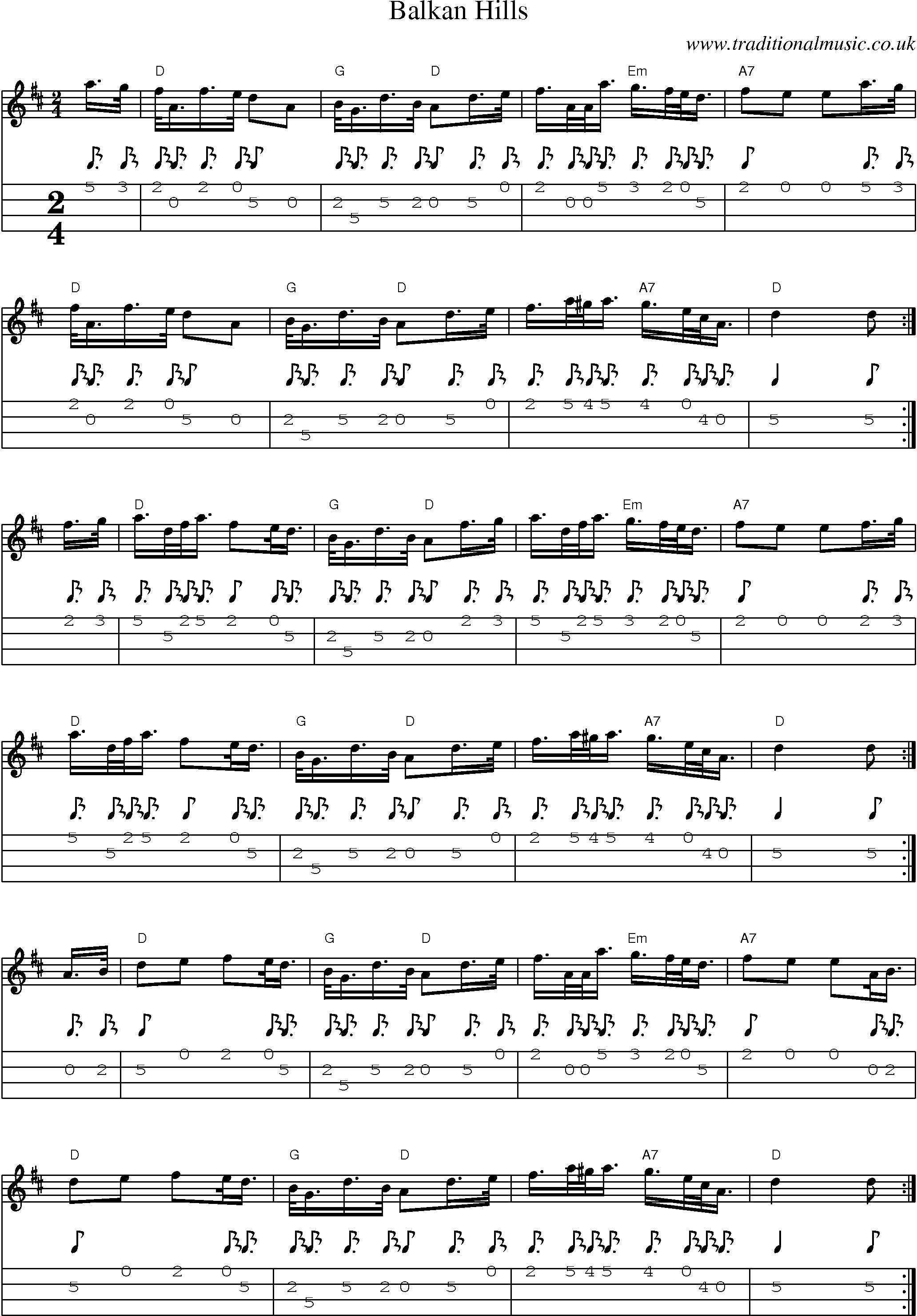 Music Score and Mandolin Tabs for Balkan Hills