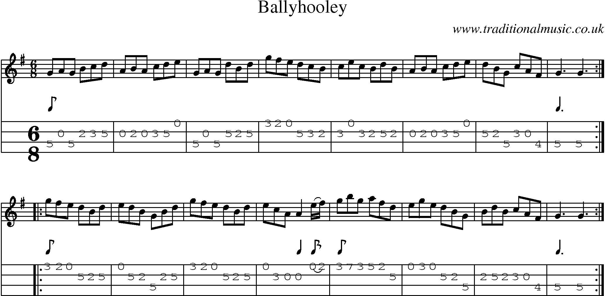 Music Score and Mandolin Tabs for Ballyhooley
