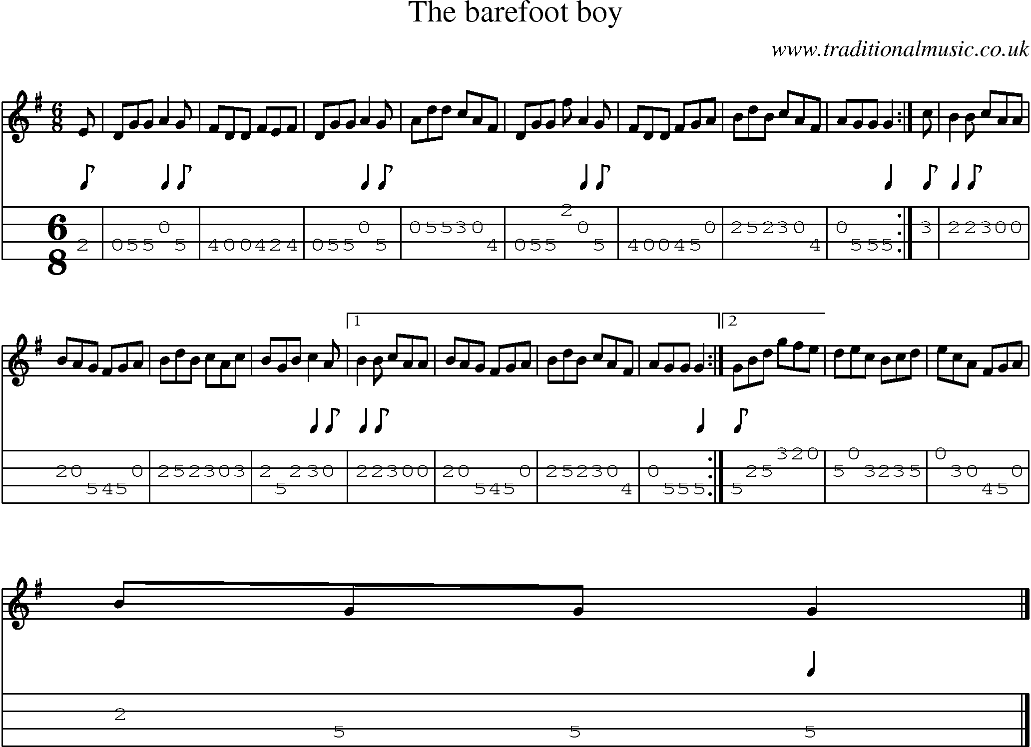 Music Score and Mandolin Tabs for Barefoot Boy