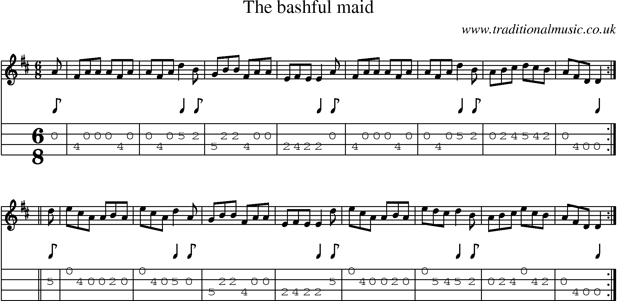Music Score and Mandolin Tabs for Bashful Maid