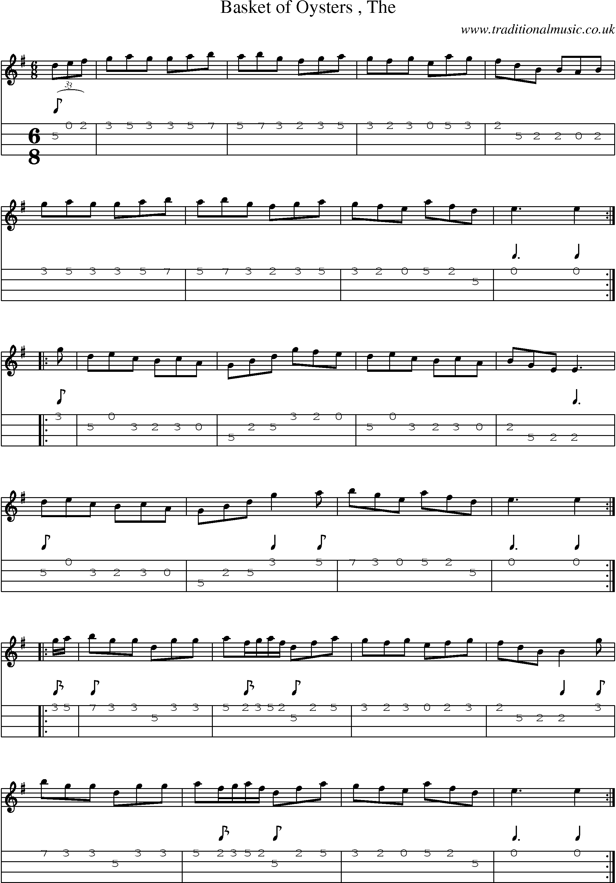 Music Score and Mandolin Tabs for Basket Of Oysters