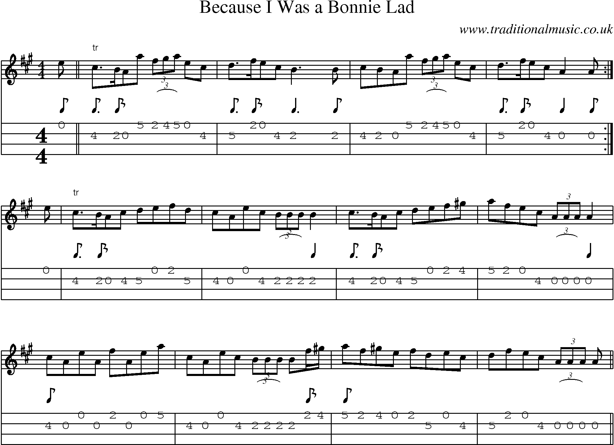Music Score and Mandolin Tabs for Because I Was A Bonnie Lad