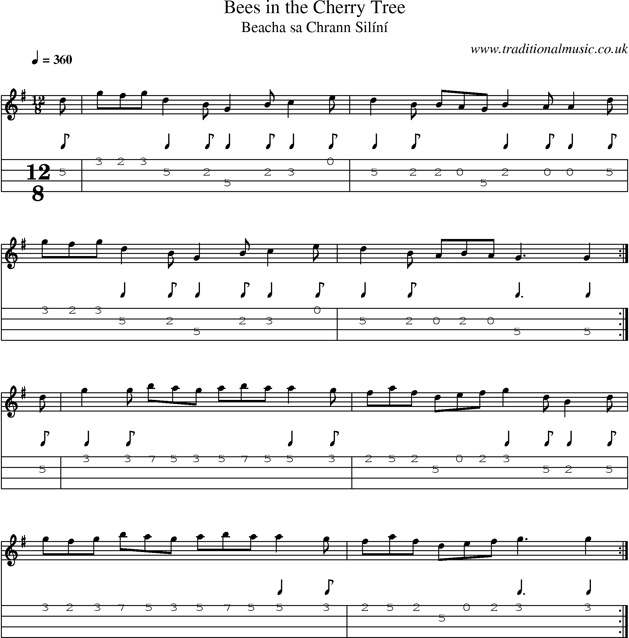Music Score and Mandolin Tabs for Bees In Cherry Tree