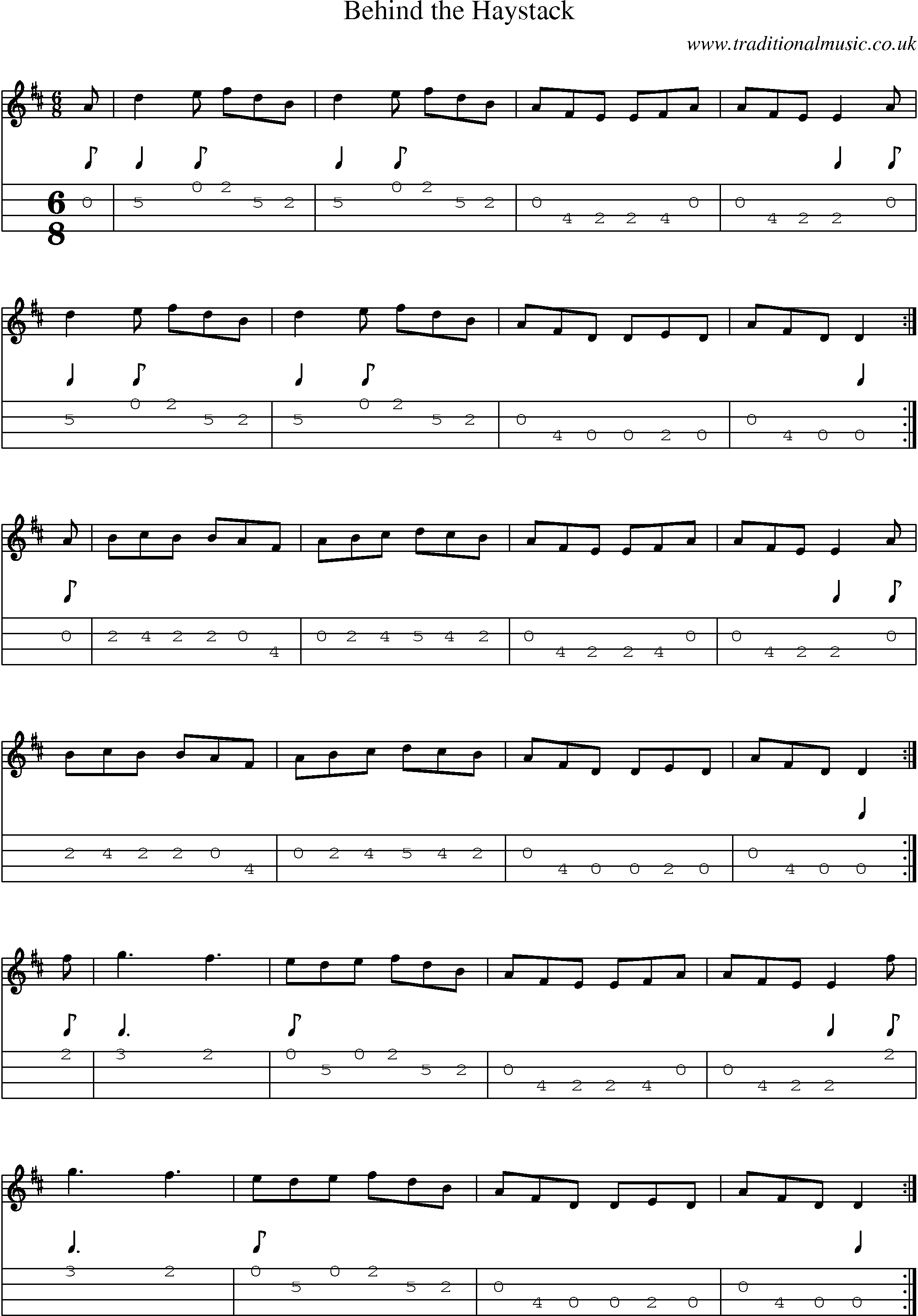 Music Score and Mandolin Tabs for Behind Haystack
