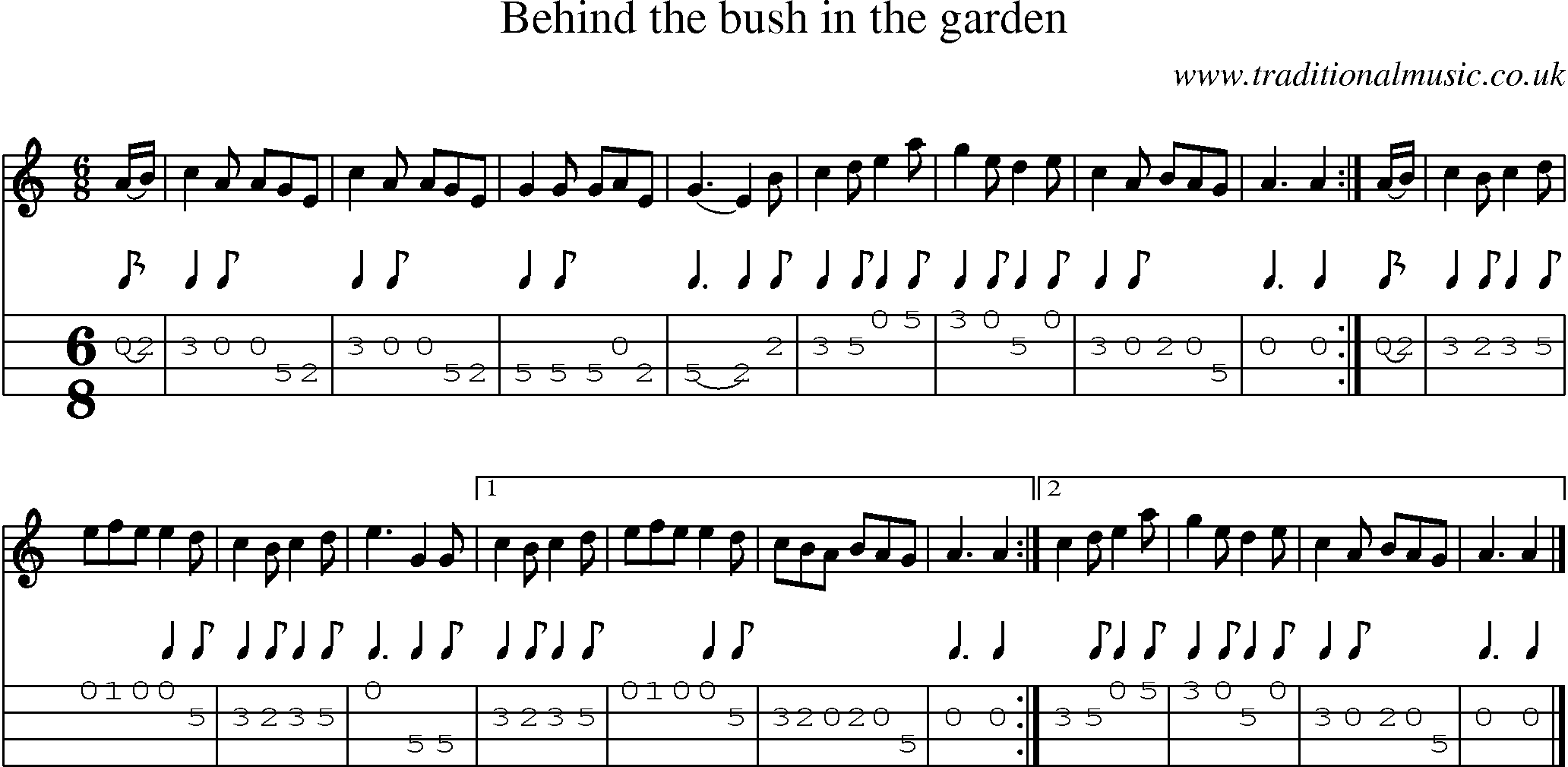 Music Score and Mandolin Tabs for Behind The Bush In The Garden