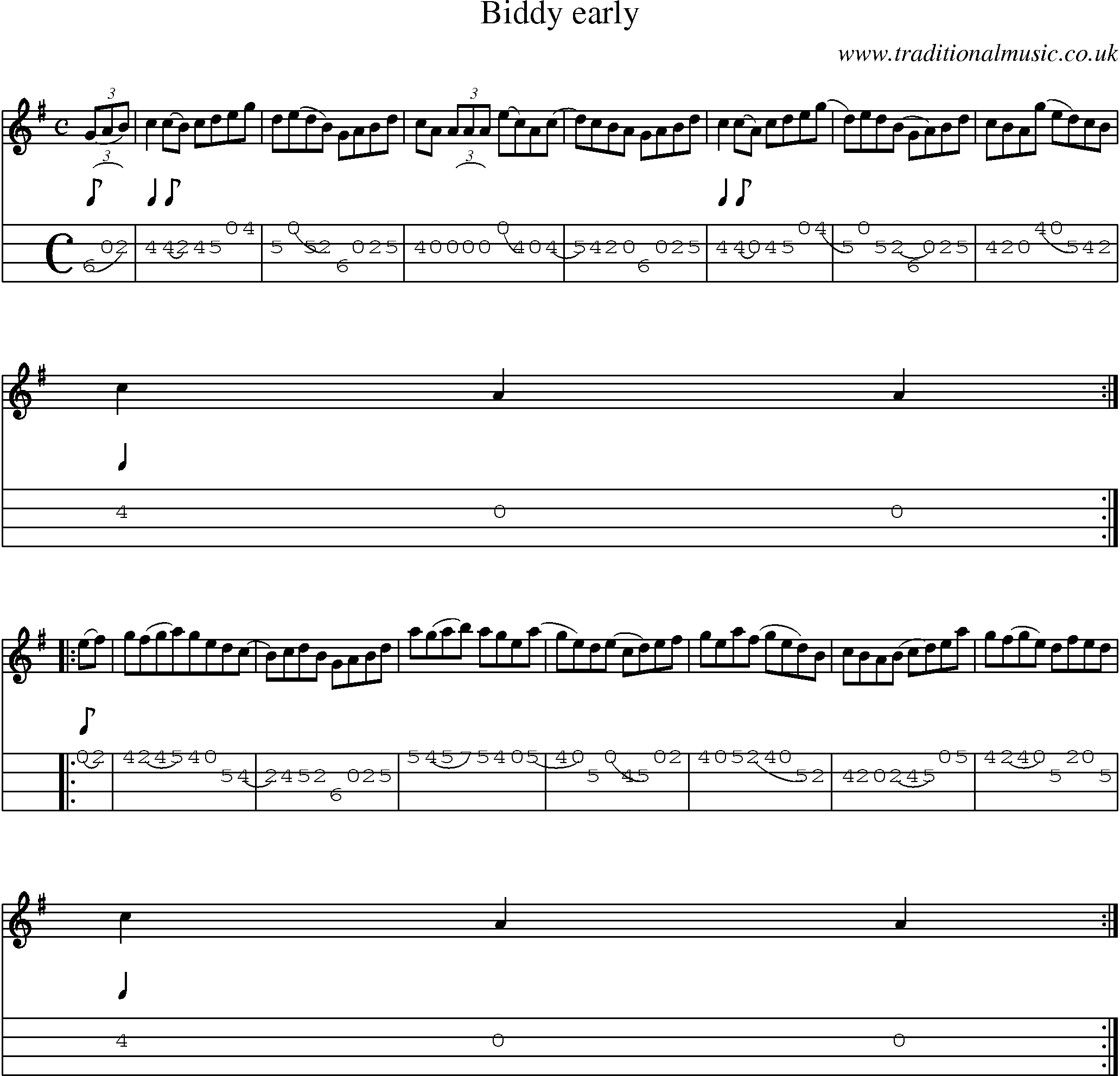 Music Score and Mandolin Tabs for Biddy Early