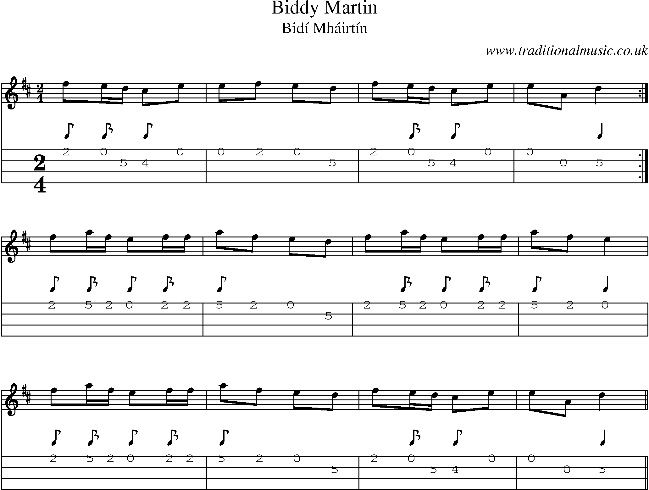 Music Score and Mandolin Tabs for Biddy Martin