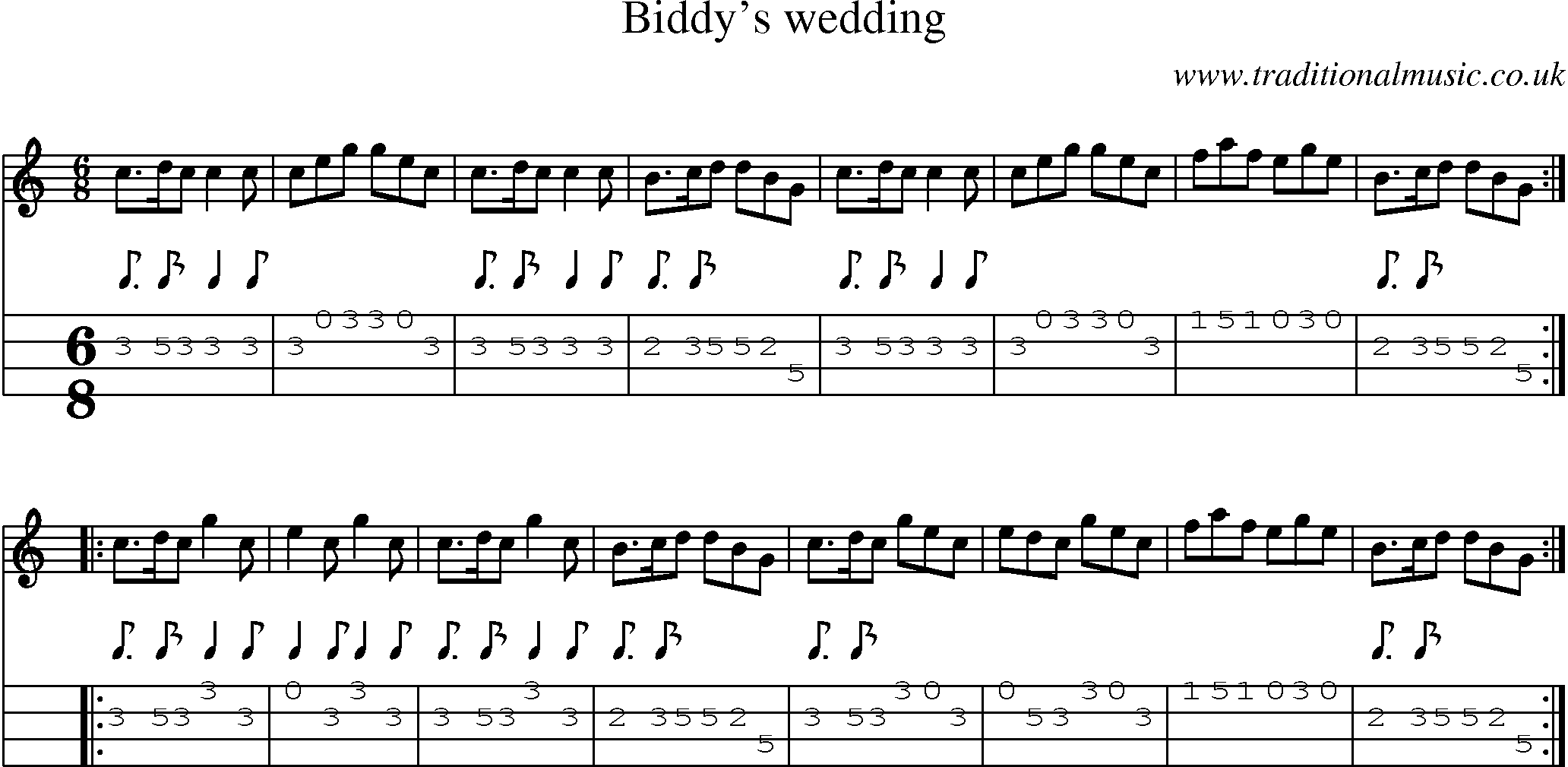Music Score and Mandolin Tabs for Biddys Wedding