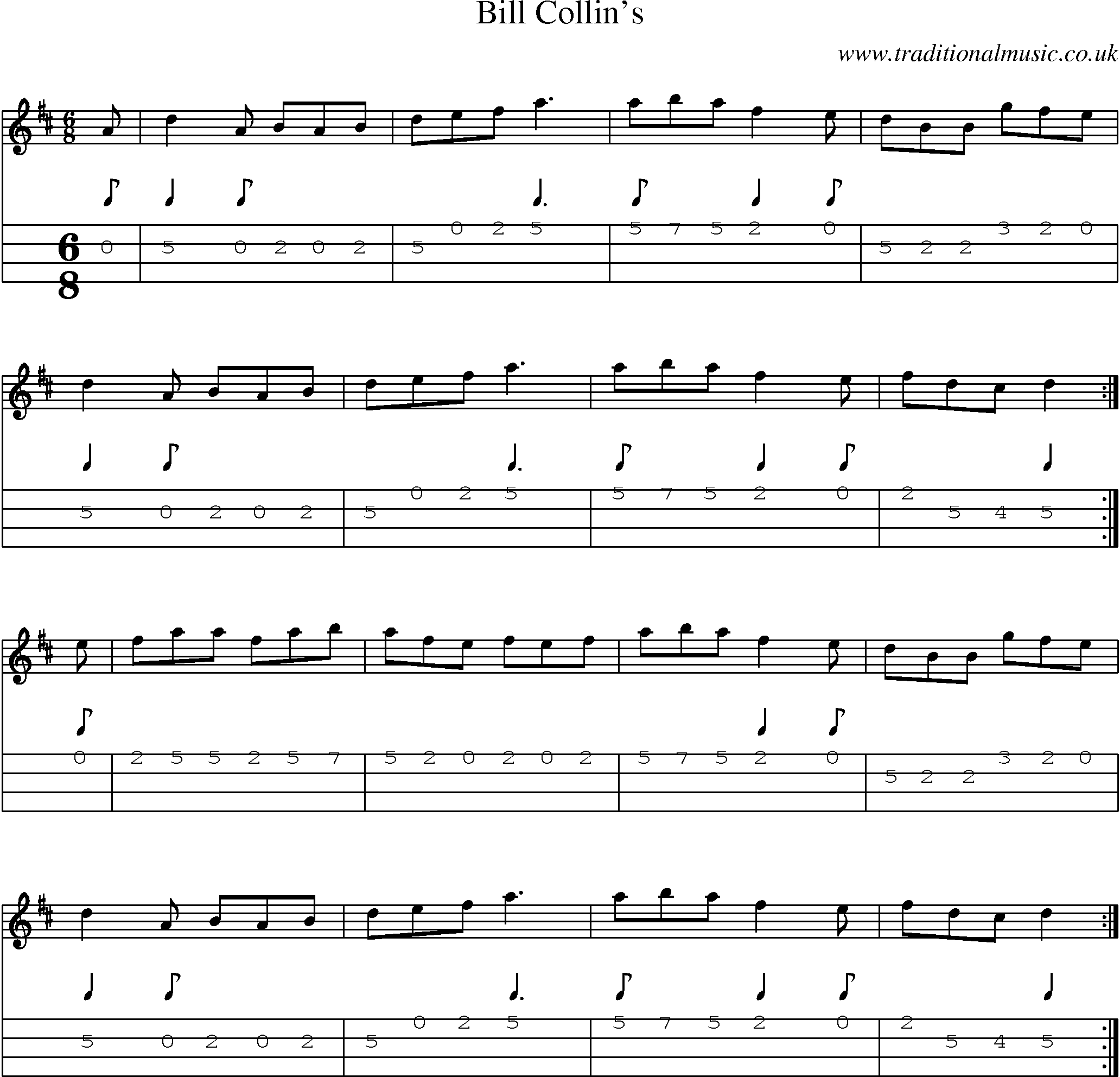 Music Score and Mandolin Tabs for Bill Collins