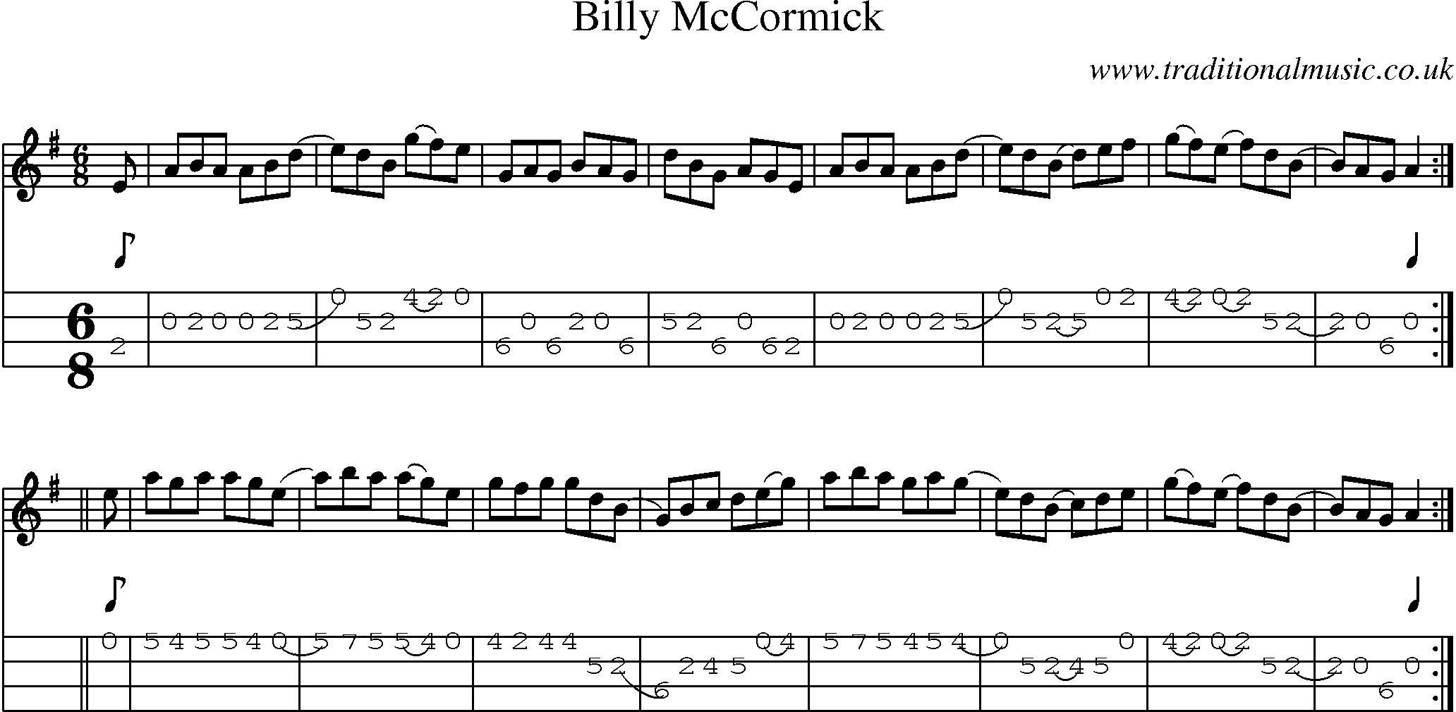 Music Score and Mandolin Tabs for Billy Mc Cormick