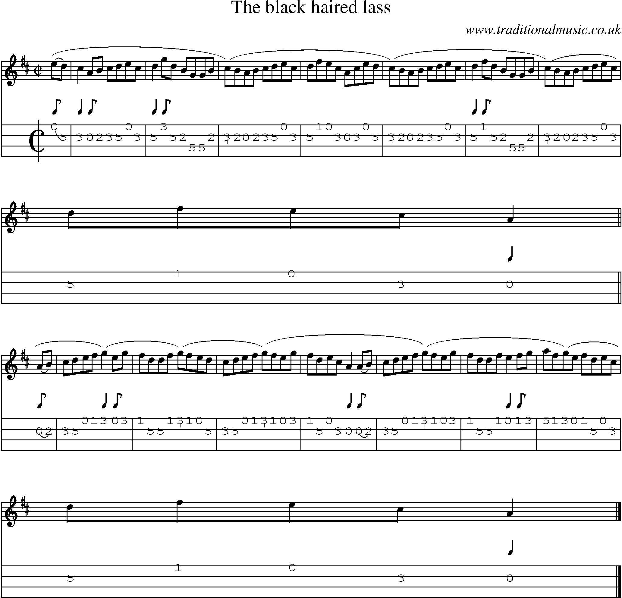 Music Score and Mandolin Tabs for Black Haired Lass