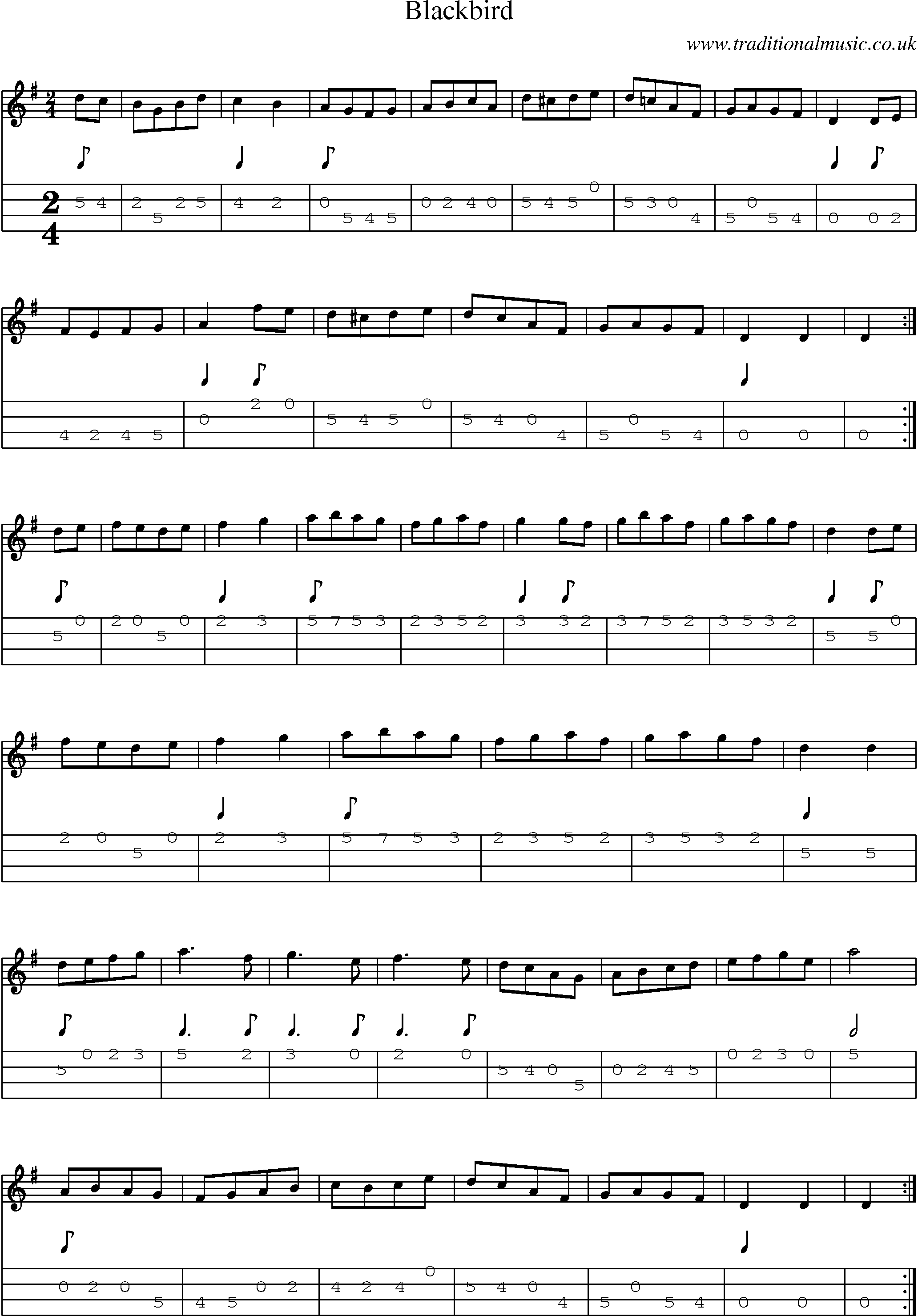 Music Score and Mandolin Tabs for Blackbird