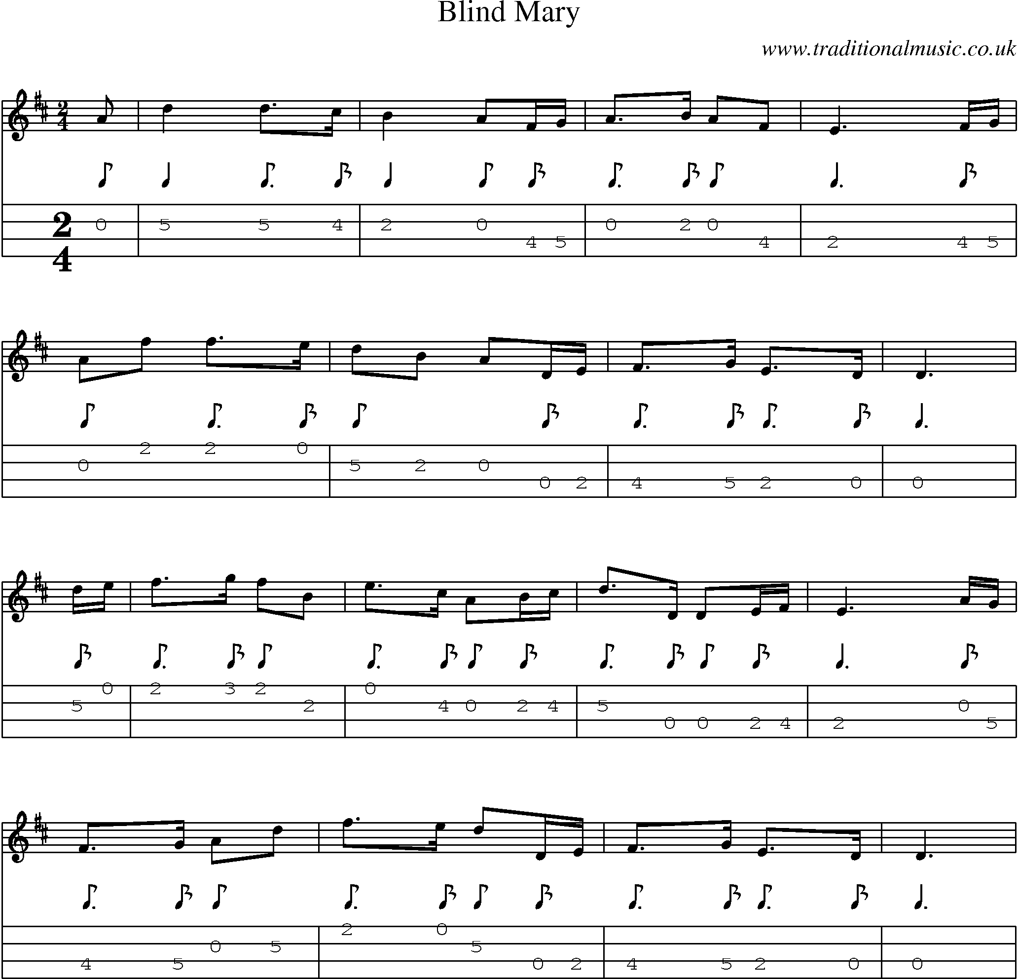 Music Score and Mandolin Tabs for Blind Mary